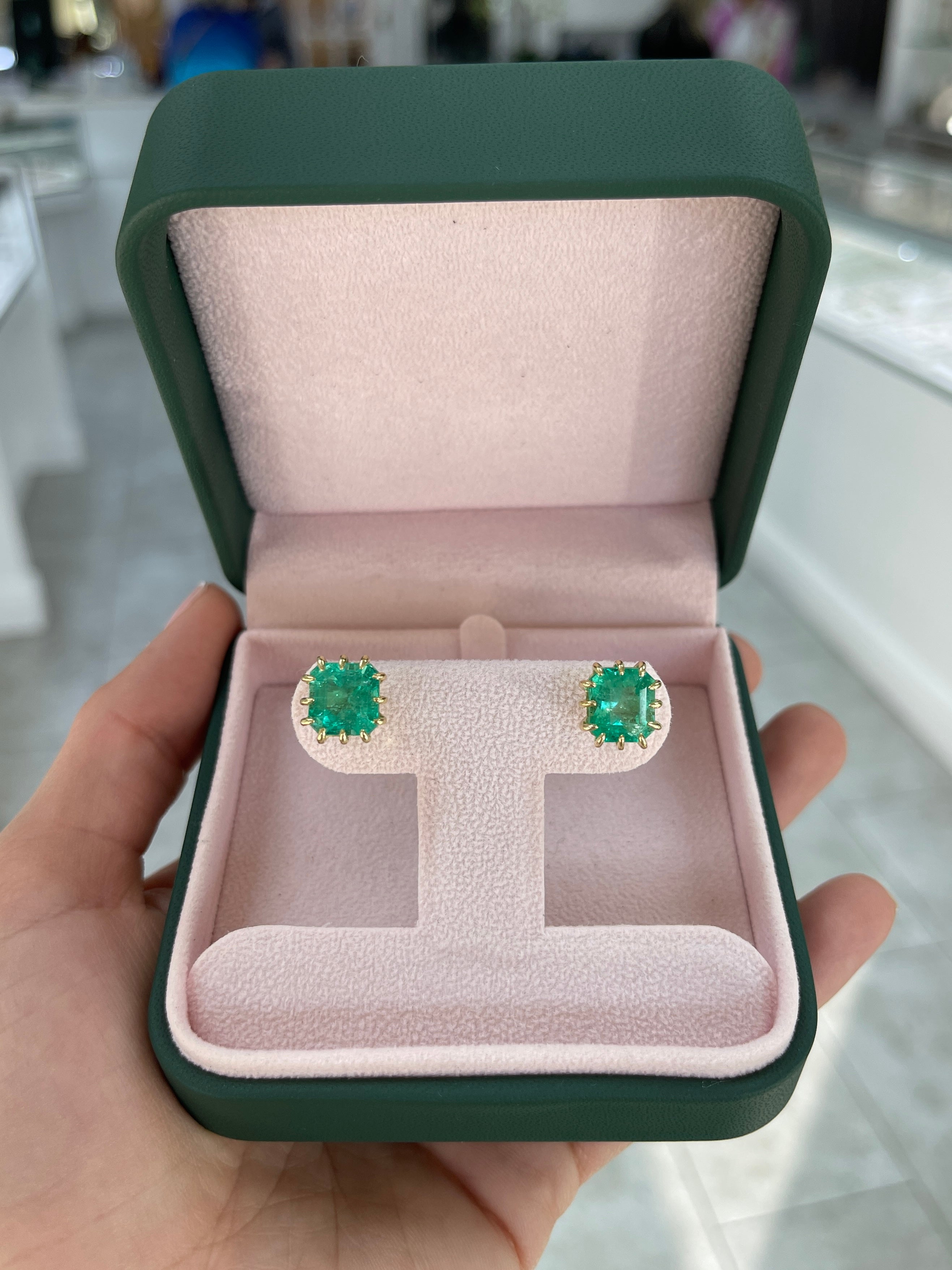 8.56tcw Colombian Emerald Multi Prong 18K Statement Studs - JR Colombian Emeralds