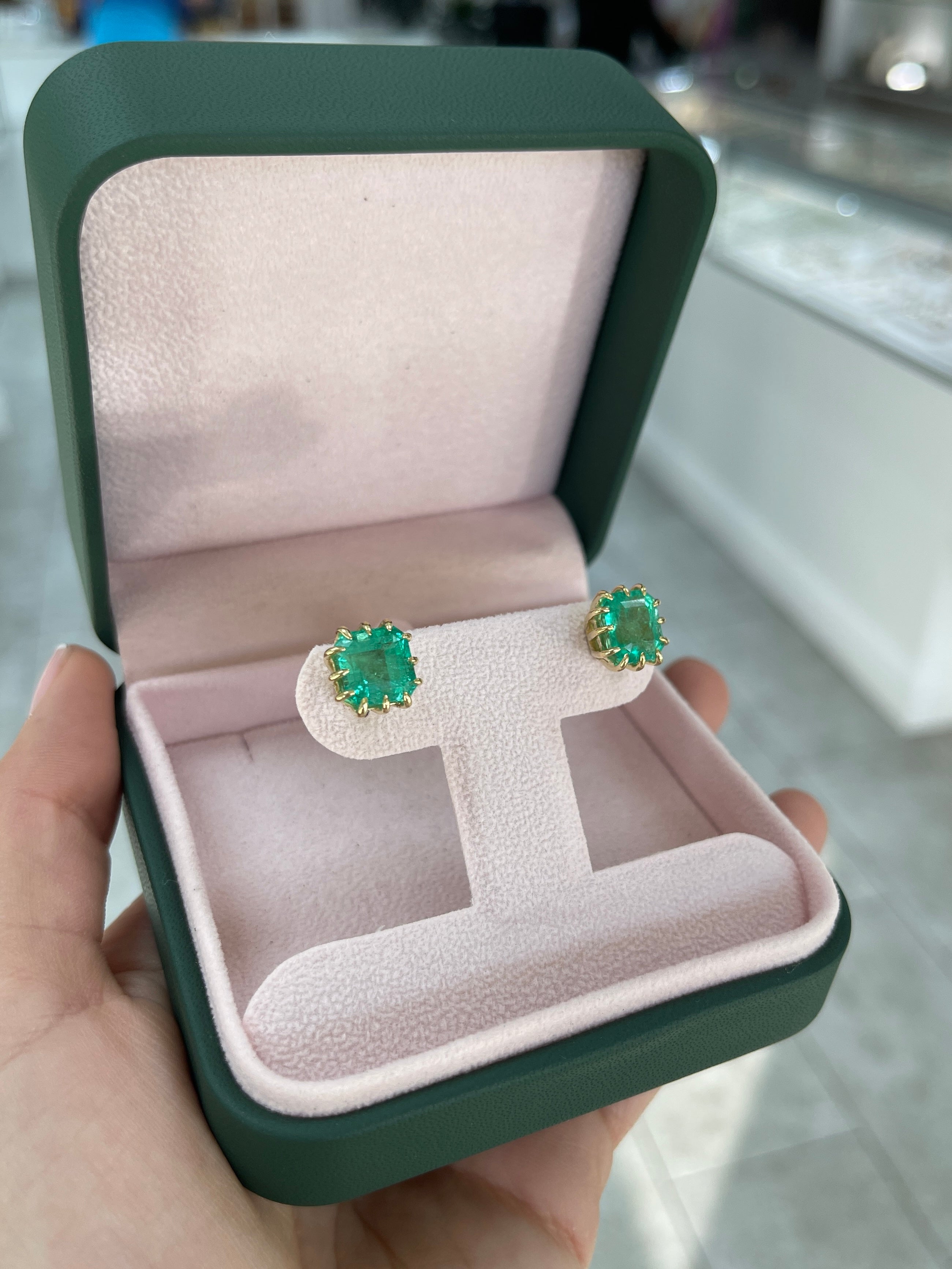8.56tcw Colombian Emerald Multi Prong 18K Statement Studs - JR Colombian Emeralds