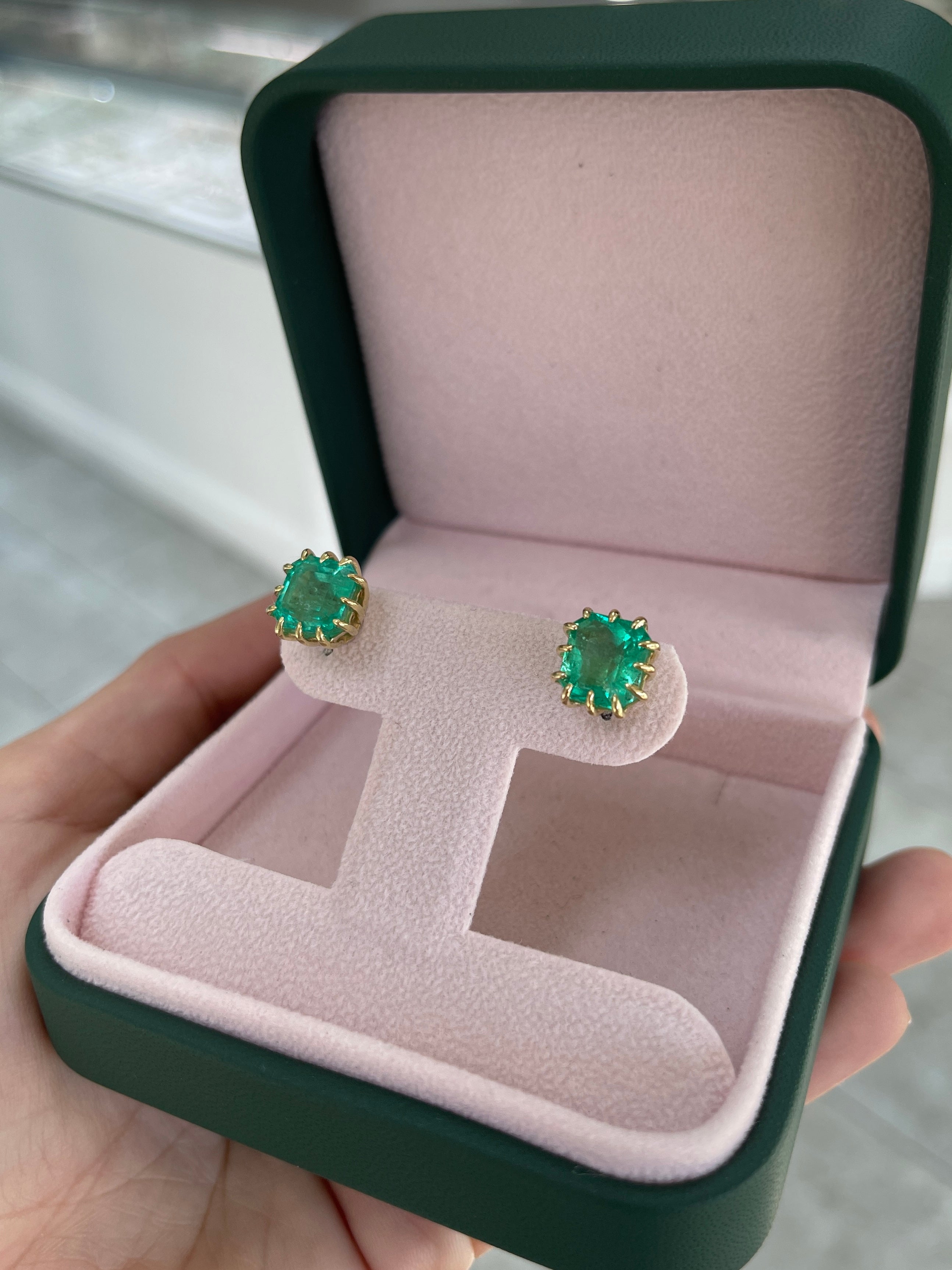 8.56tcw Colombian Emerald Multi Prong 18K Statement Studs - JR Colombian Emeralds