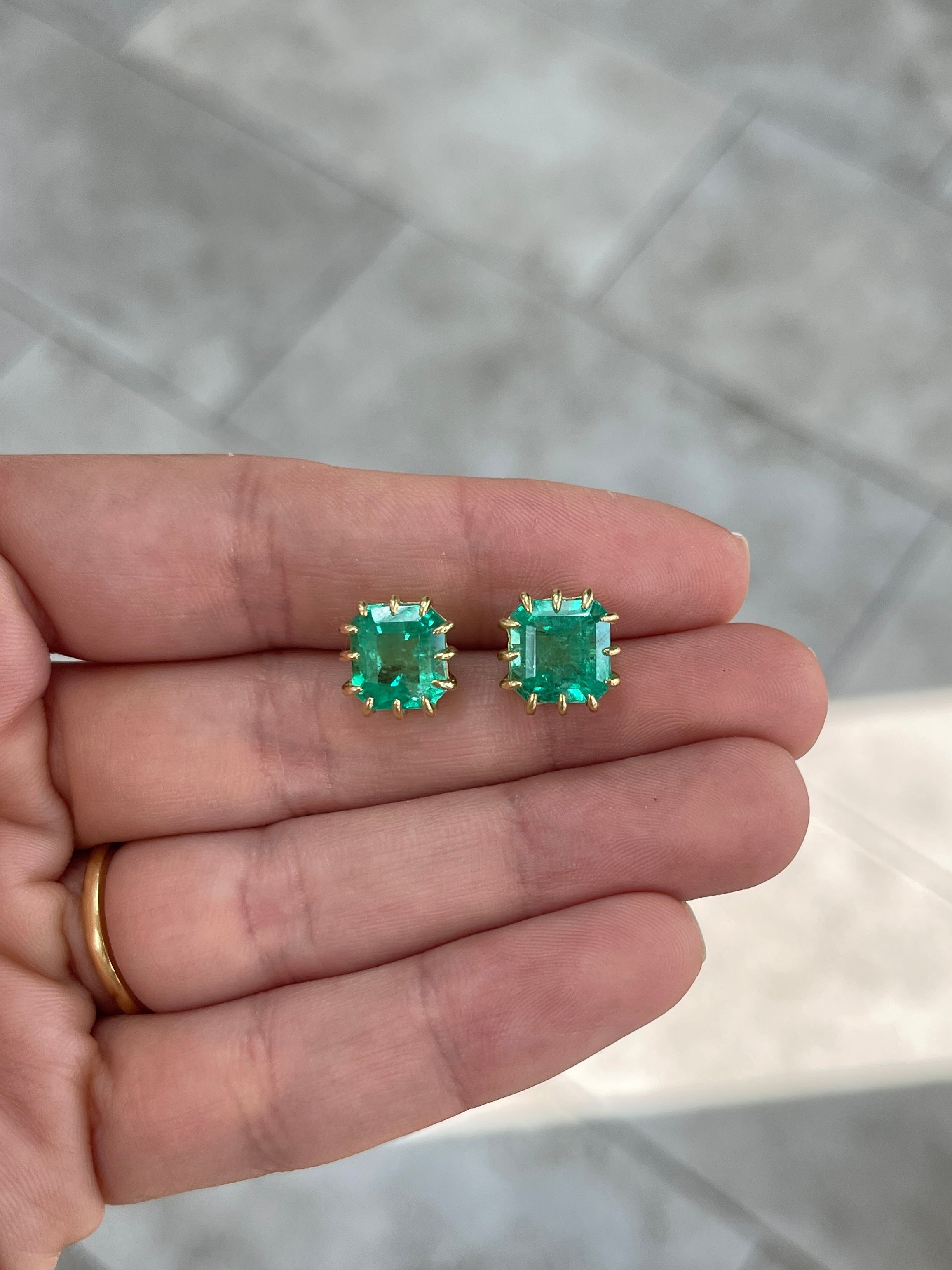 8.56tcw Colombian Emerald Multi Prong 18K Statement Studs - JR Colombian Emeralds