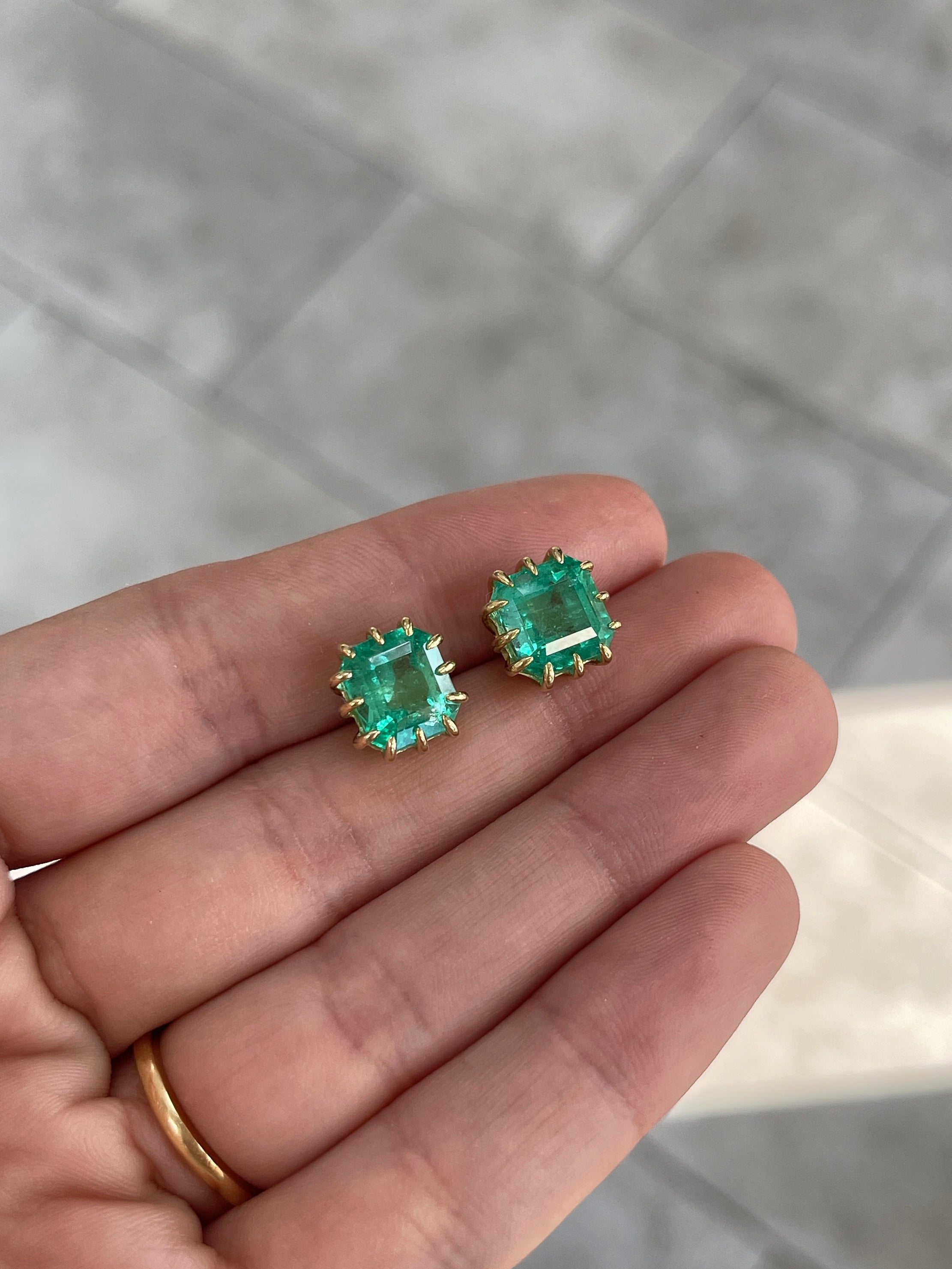 8.56tcw Colombian Emerald Multi Prong 18K Statement Studs - JR Colombian Emeralds