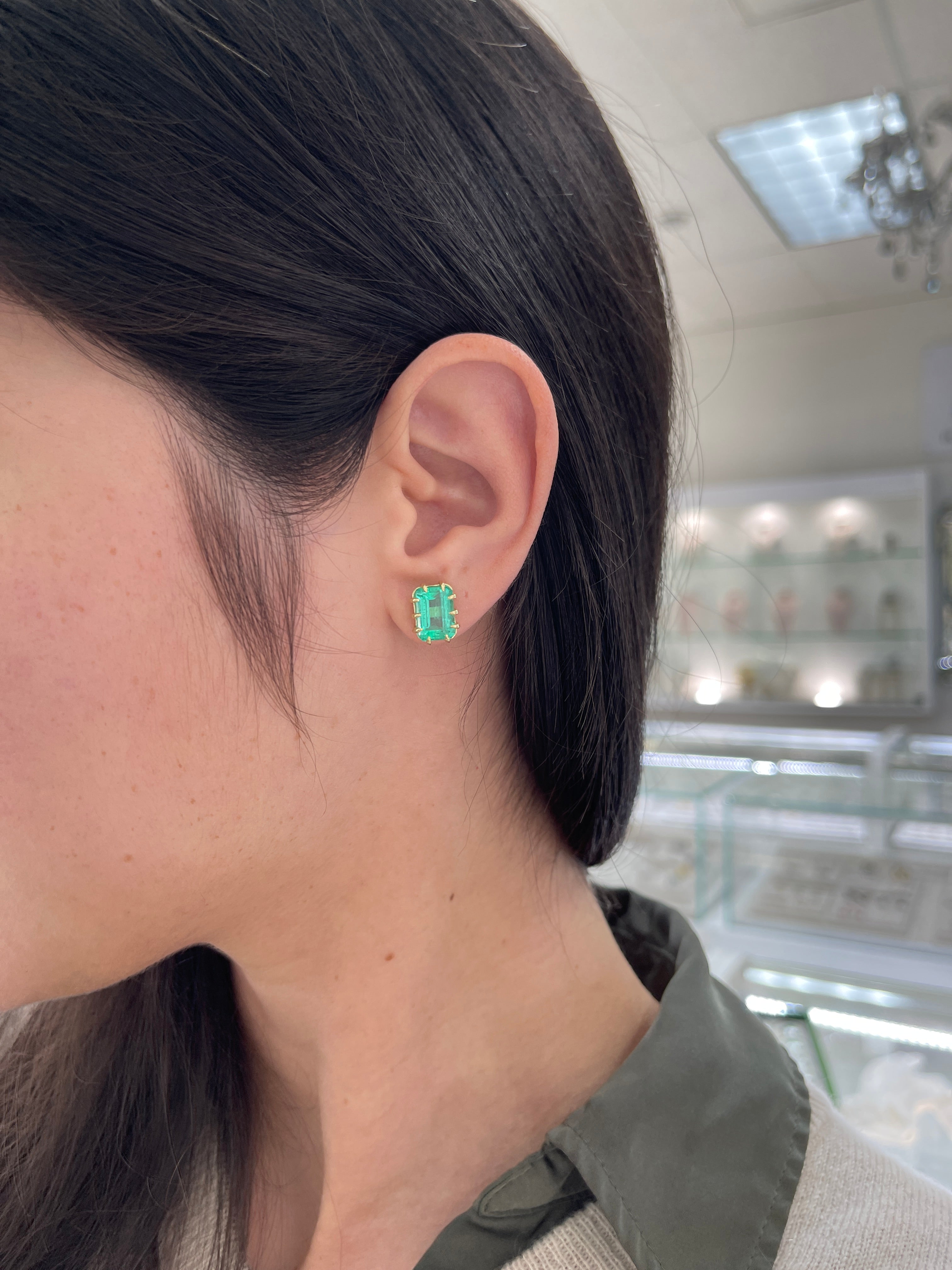 6.24tcw Colombian Emerald Multi Prong 18K Statement Studs - JR Colombian Emeralds