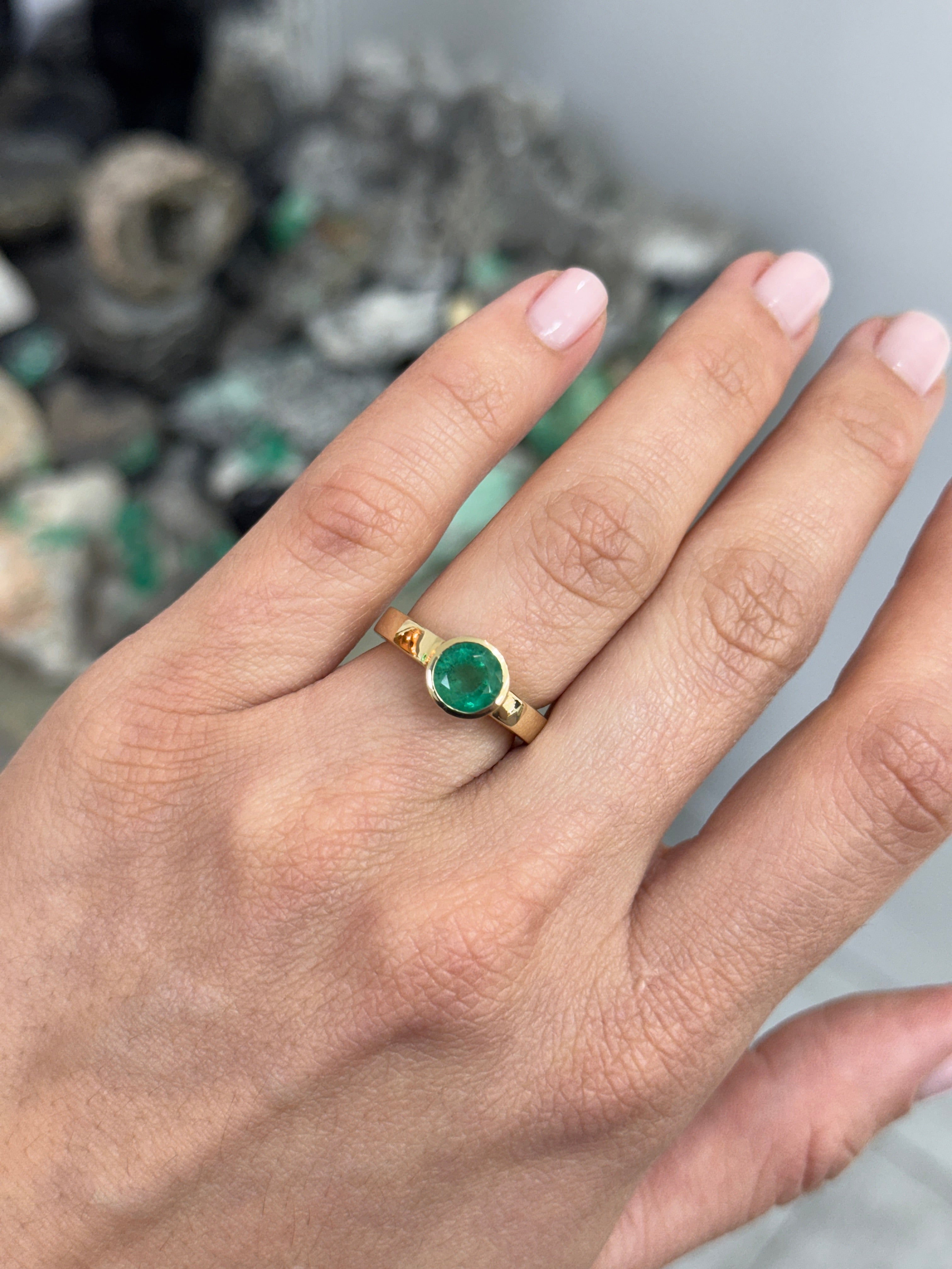 1.73 carat Bezel Set Round Emerald Solitaire Ring 14K