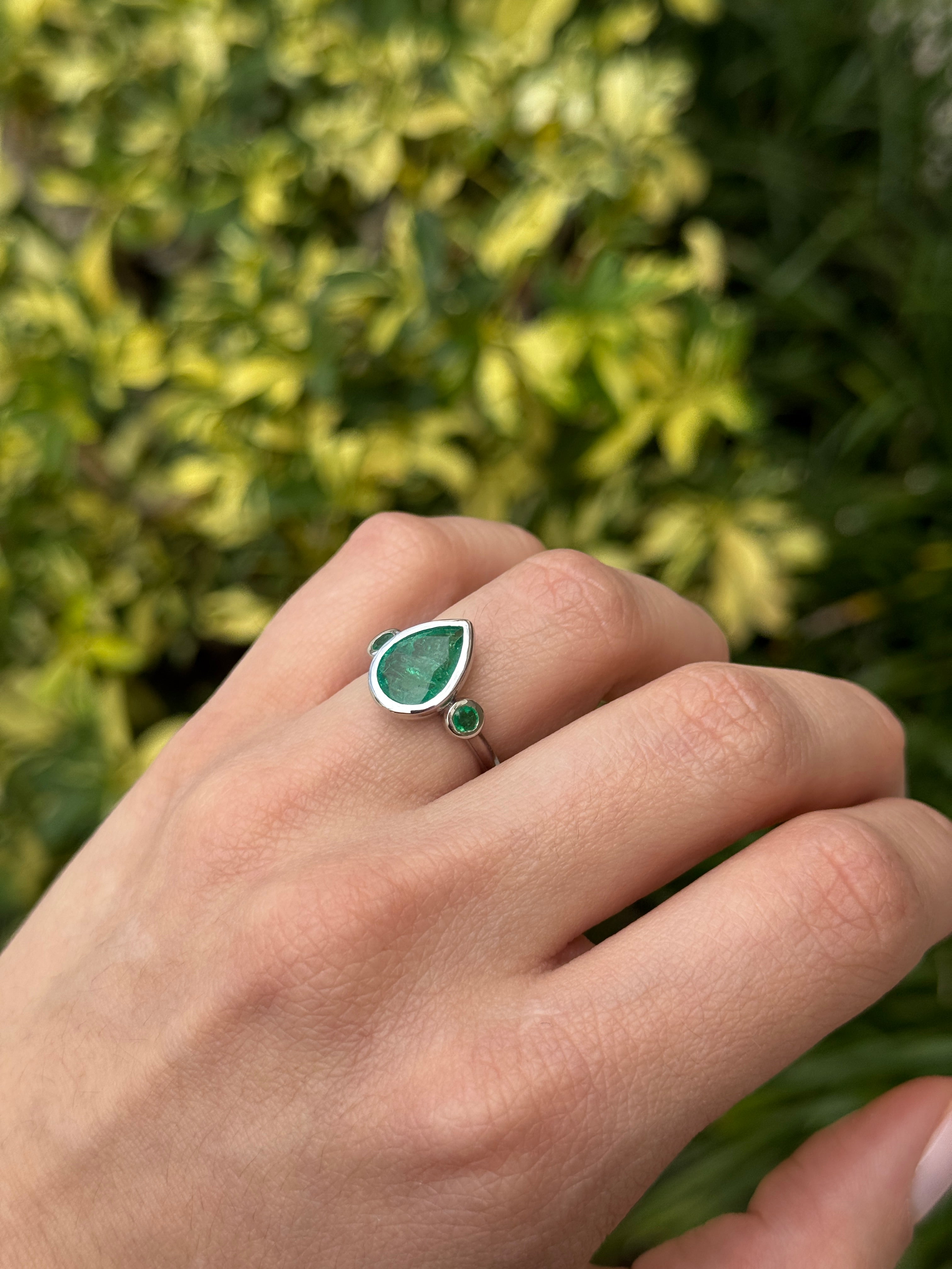 2.30tcw 14K All Emerald Three Stone Ring Pear Cut & Round White Gold Engagement Ring