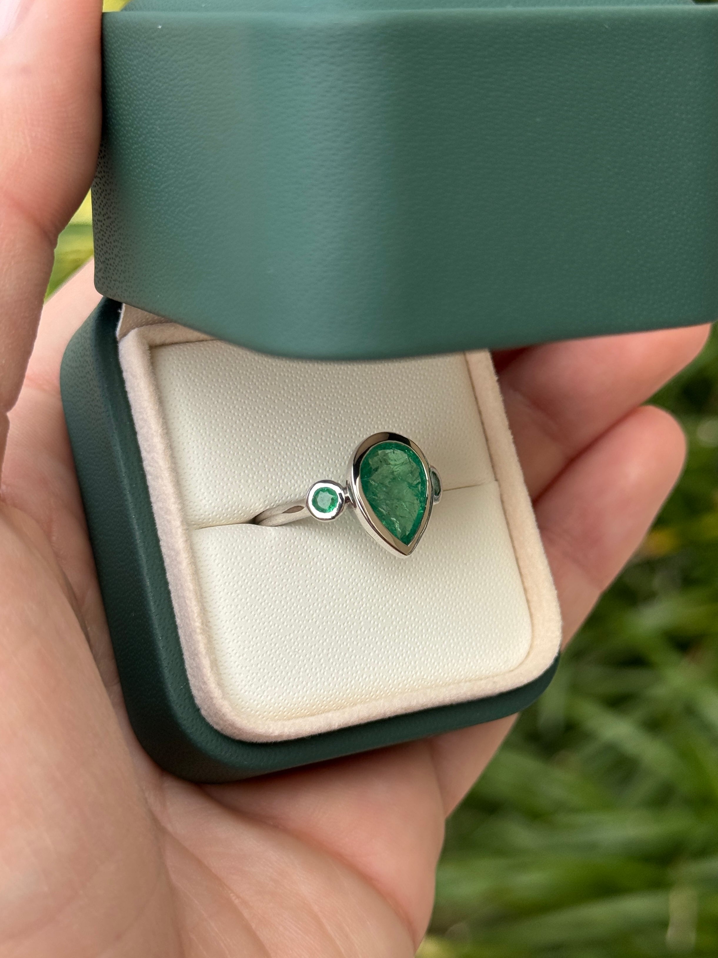 2.30tcw 14K All Emerald Three Stone Ring Pear Cut & Round White Gold Engagement Ring