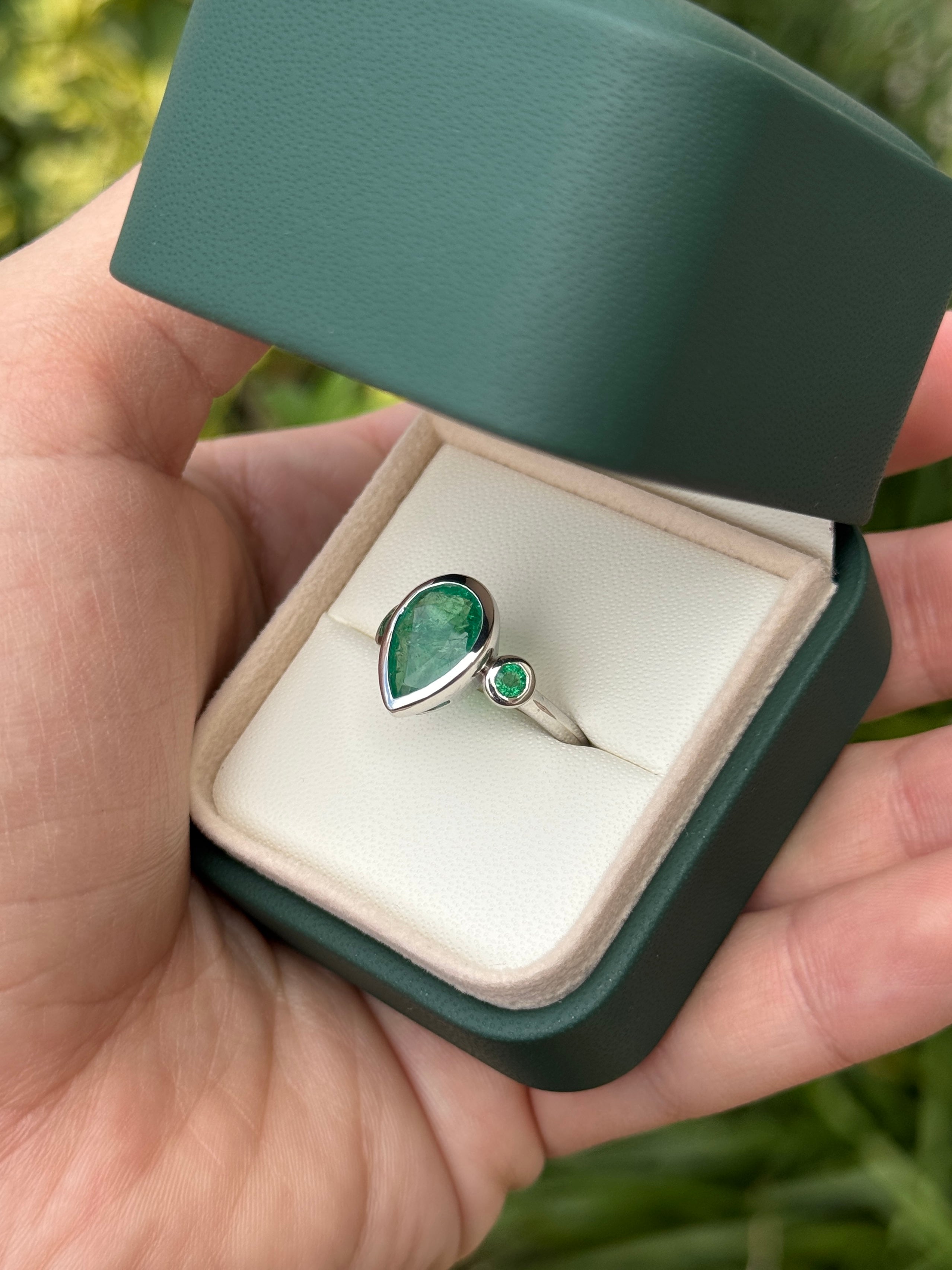 2.30tcw 14K All Emerald Three Stone Ring Pear Cut & Round White Gold Engagement Ring