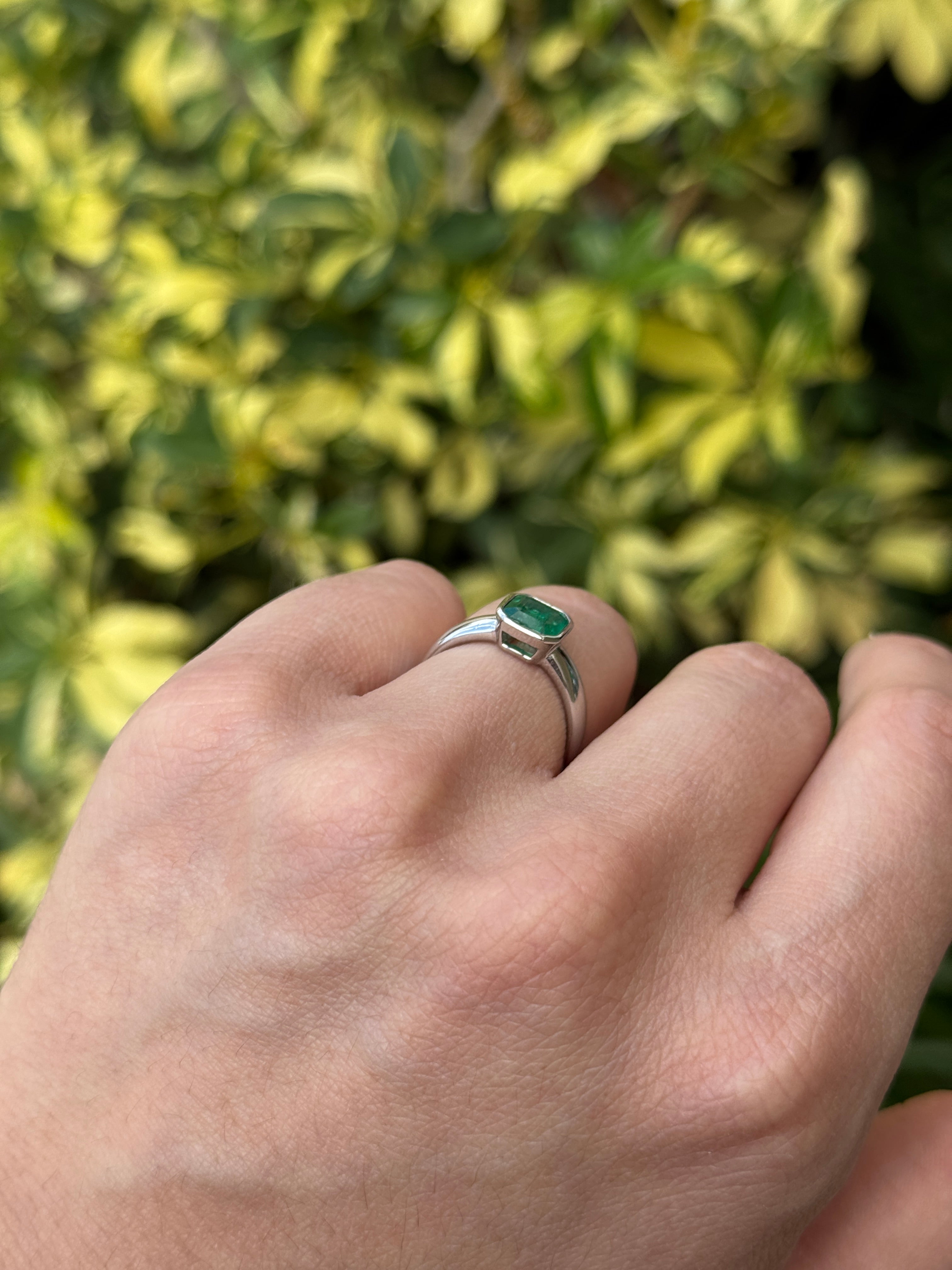 1.32 Carat Bezel Set Asscher Cut Emerald White Gold Solitaire 14K