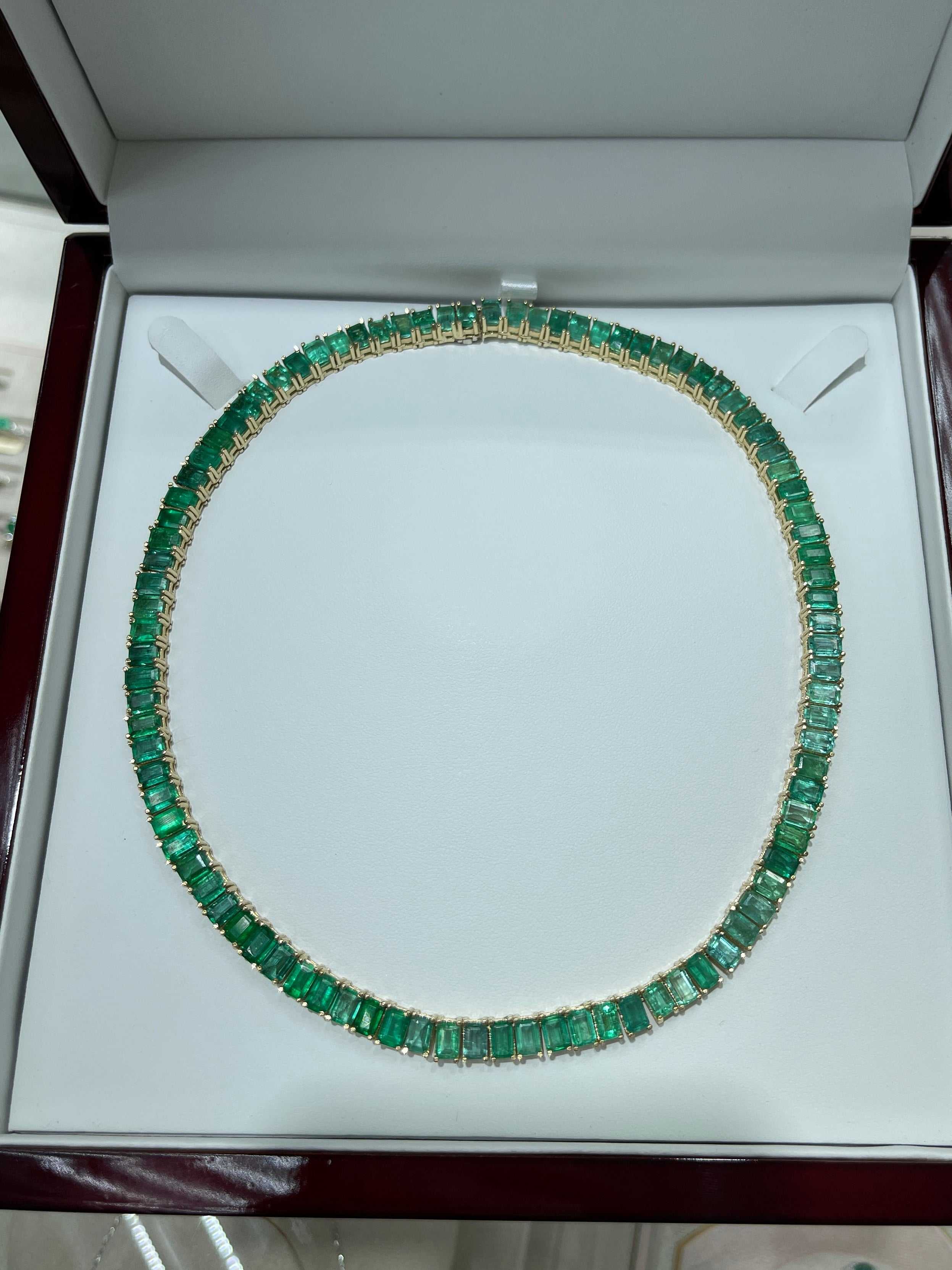 XL 53tcw Emerald Cut Emerald Tennis Necklace 14K 16 inches - JR Colombian Emeralds