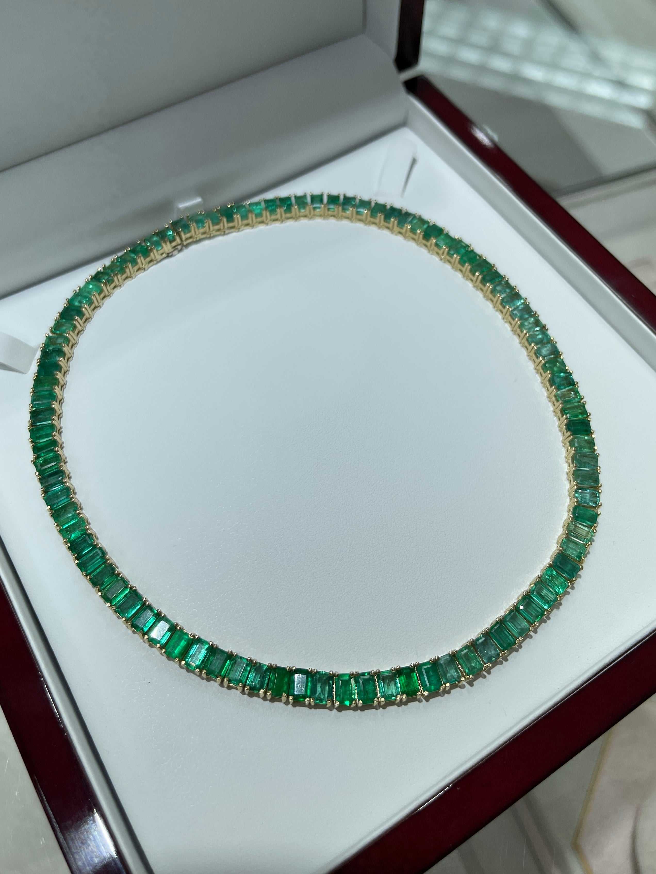 XL 53tcw Emerald Cut Emerald Tennis Necklace 14K 16 inches - JR Colombian Emeralds