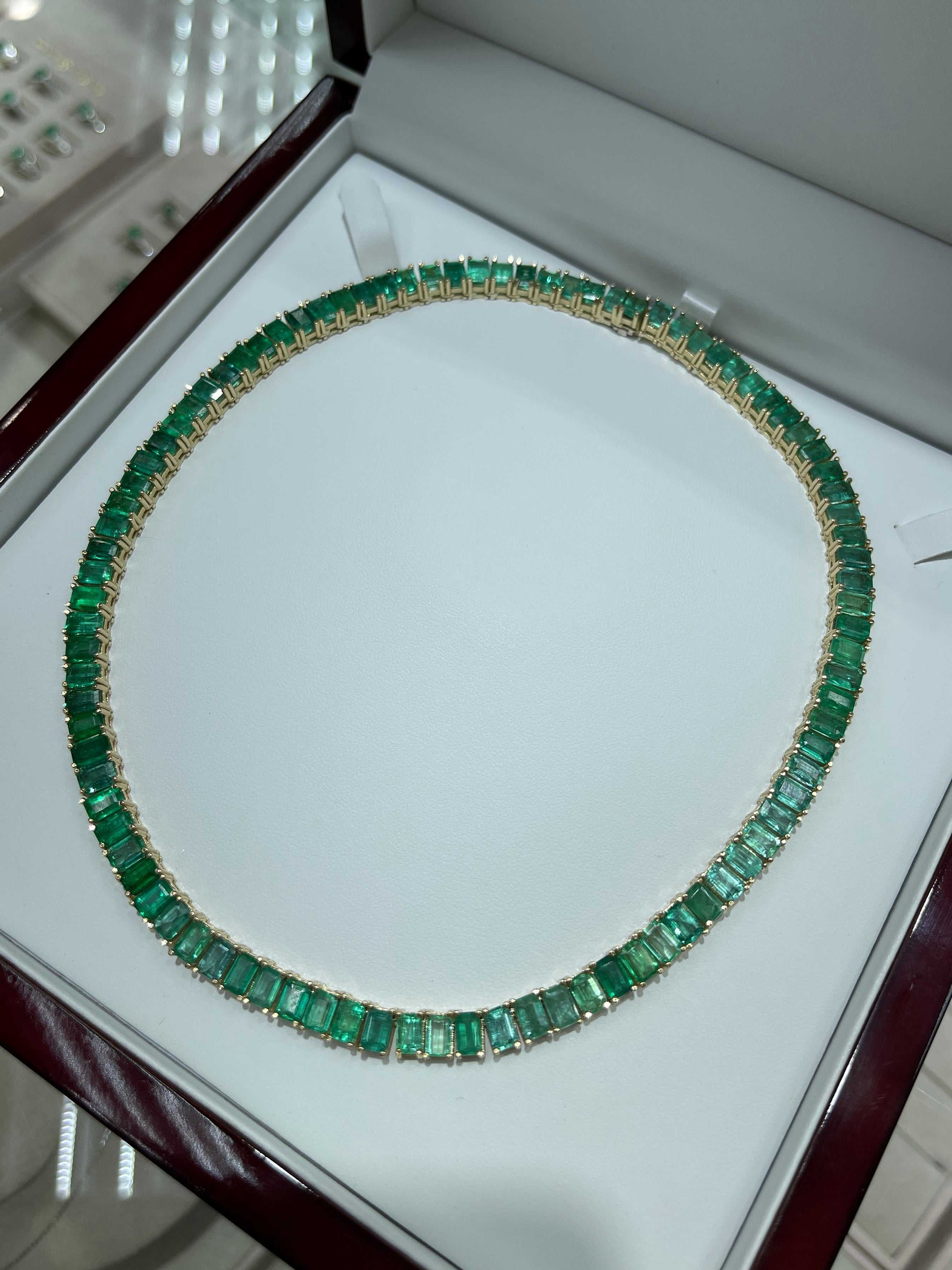 XL 53tcw Emerald Cut Emerald Tennis Necklace 14K 16 inches - JR Colombian Emeralds
