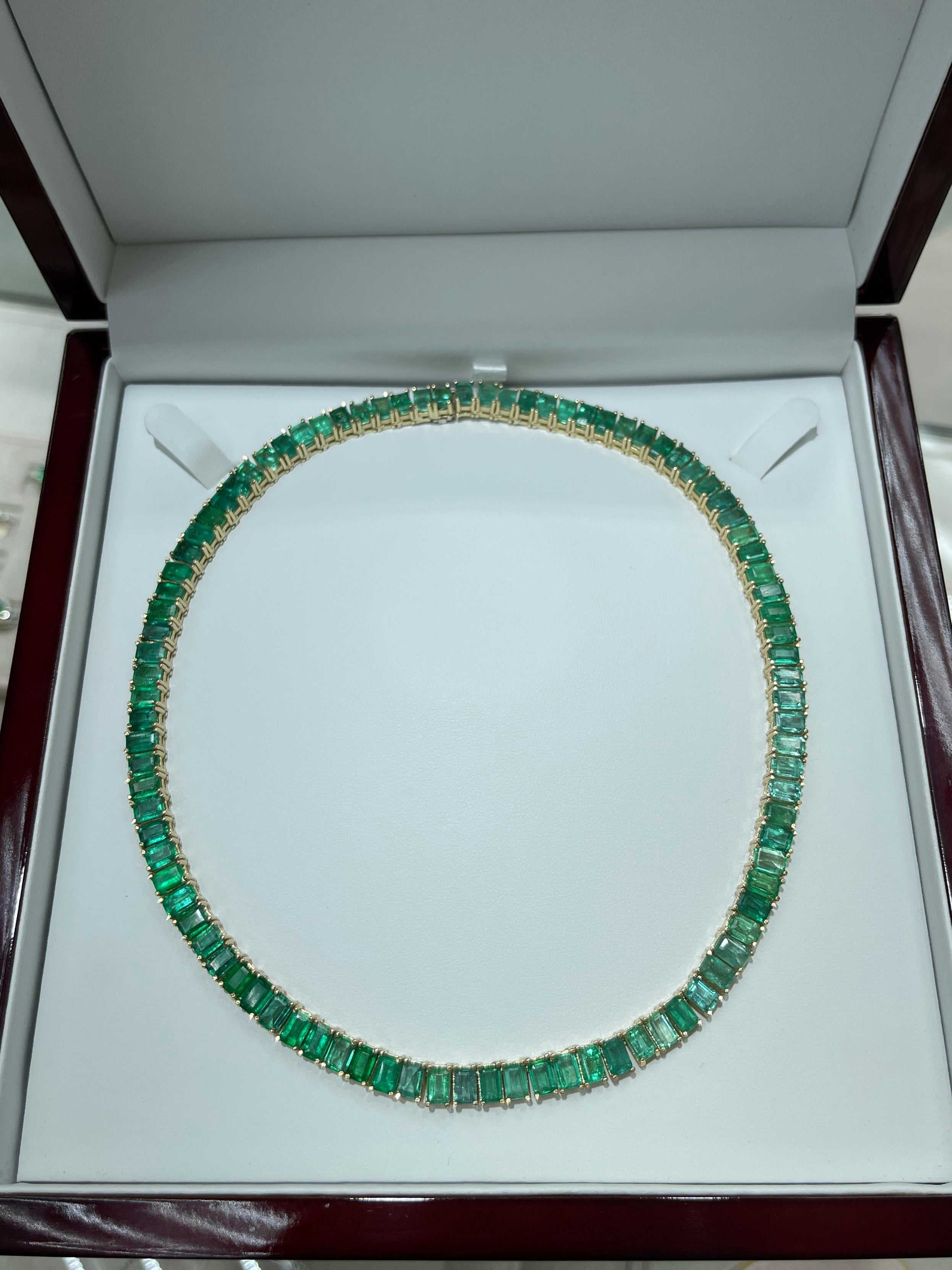 XL 53tcw Emerald Cut Emerald Tennis Necklace 14K 16 inches - JR Colombian Emeralds