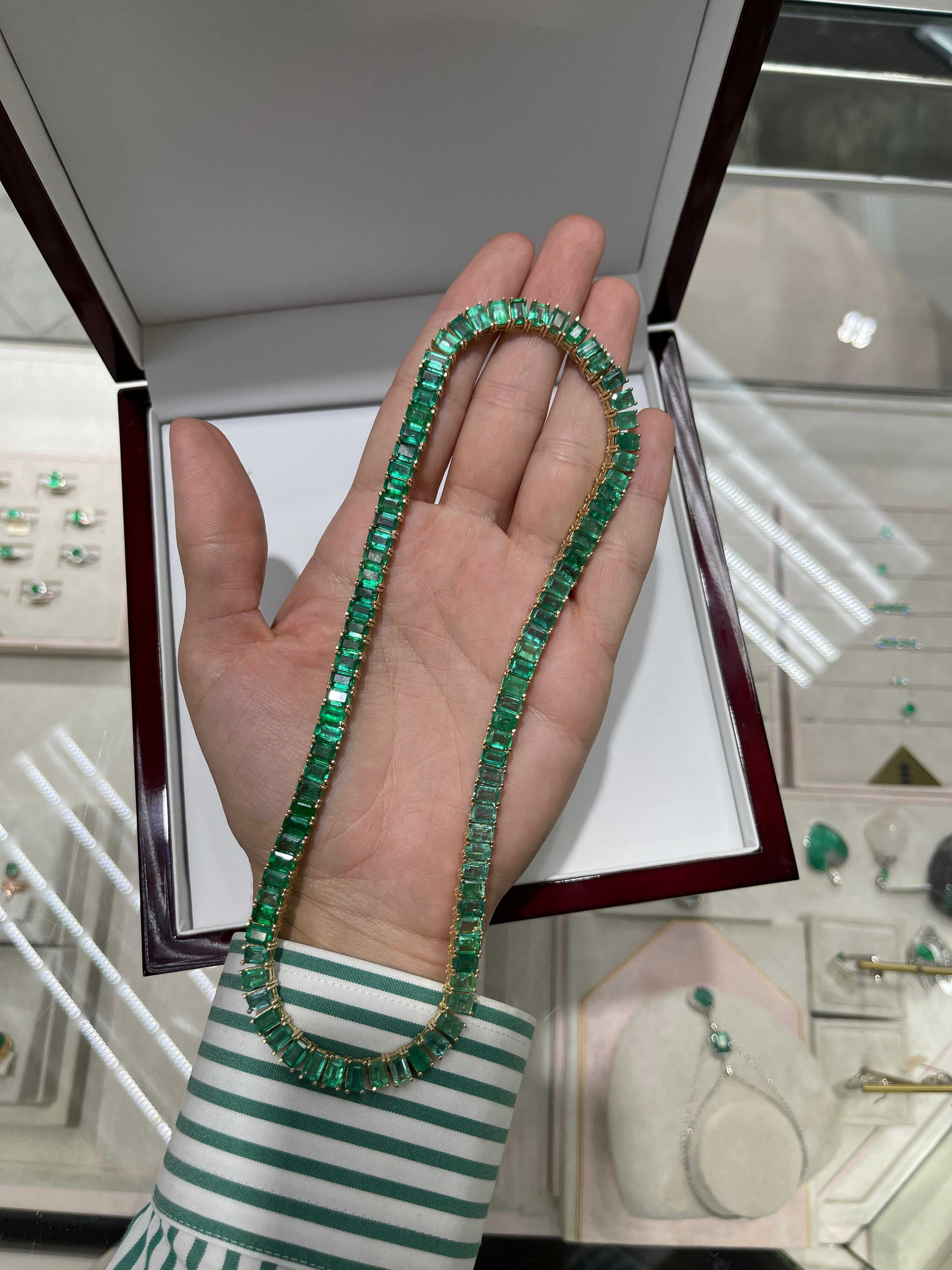 XL 53tcw Emerald Cut Emerald Tennis Necklace 14K 16 inches - JR Colombian Emeralds