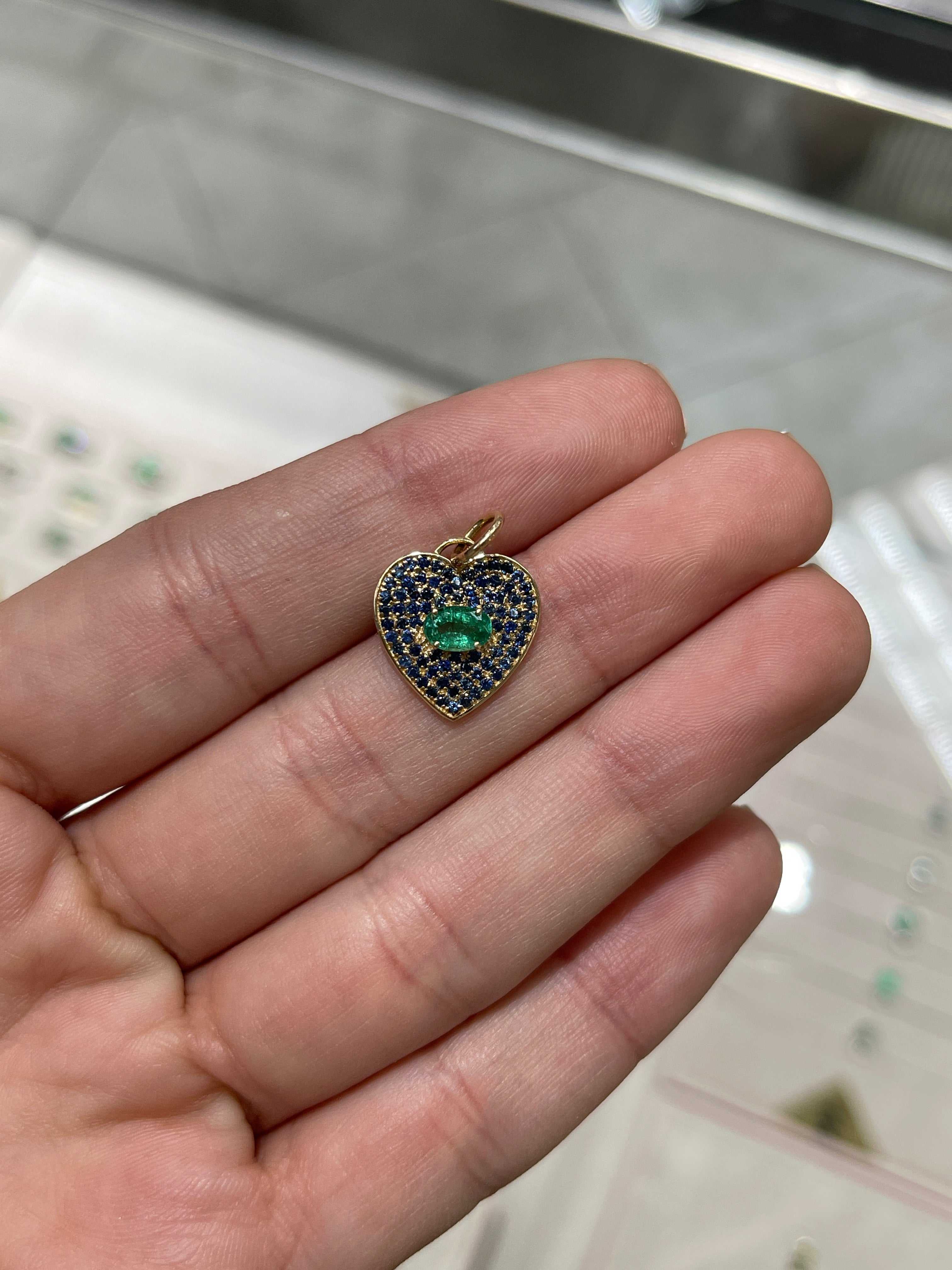 Special listing for Cristiana 1.10tcw Emerald & Blue Sapphire Heart Charm 14K - JR Colombian Emeralds
