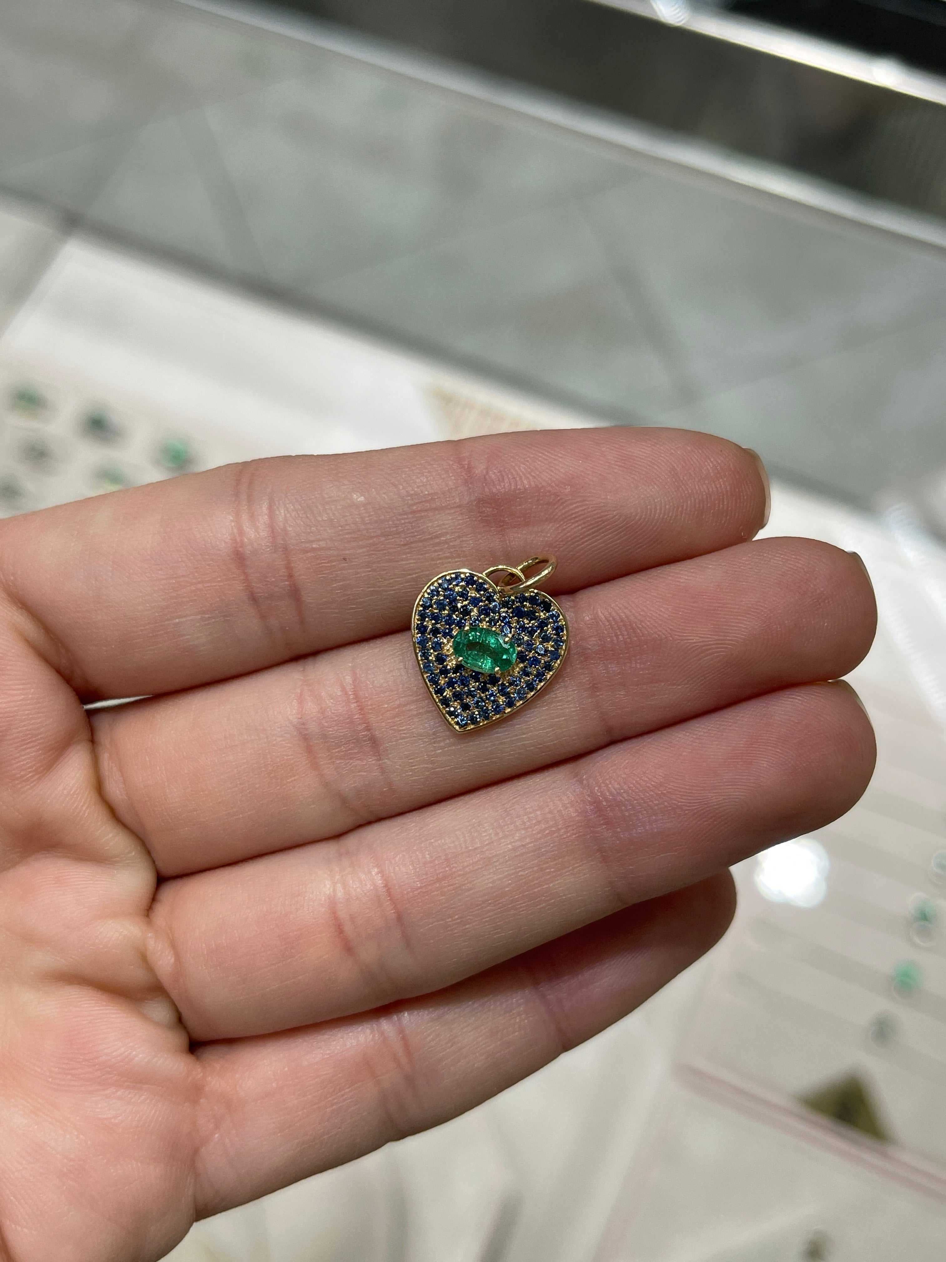 Special listing for Cristiana 1.10tcw Emerald & Blue Sapphire Heart Charm 14K - JR Colombian Emeralds