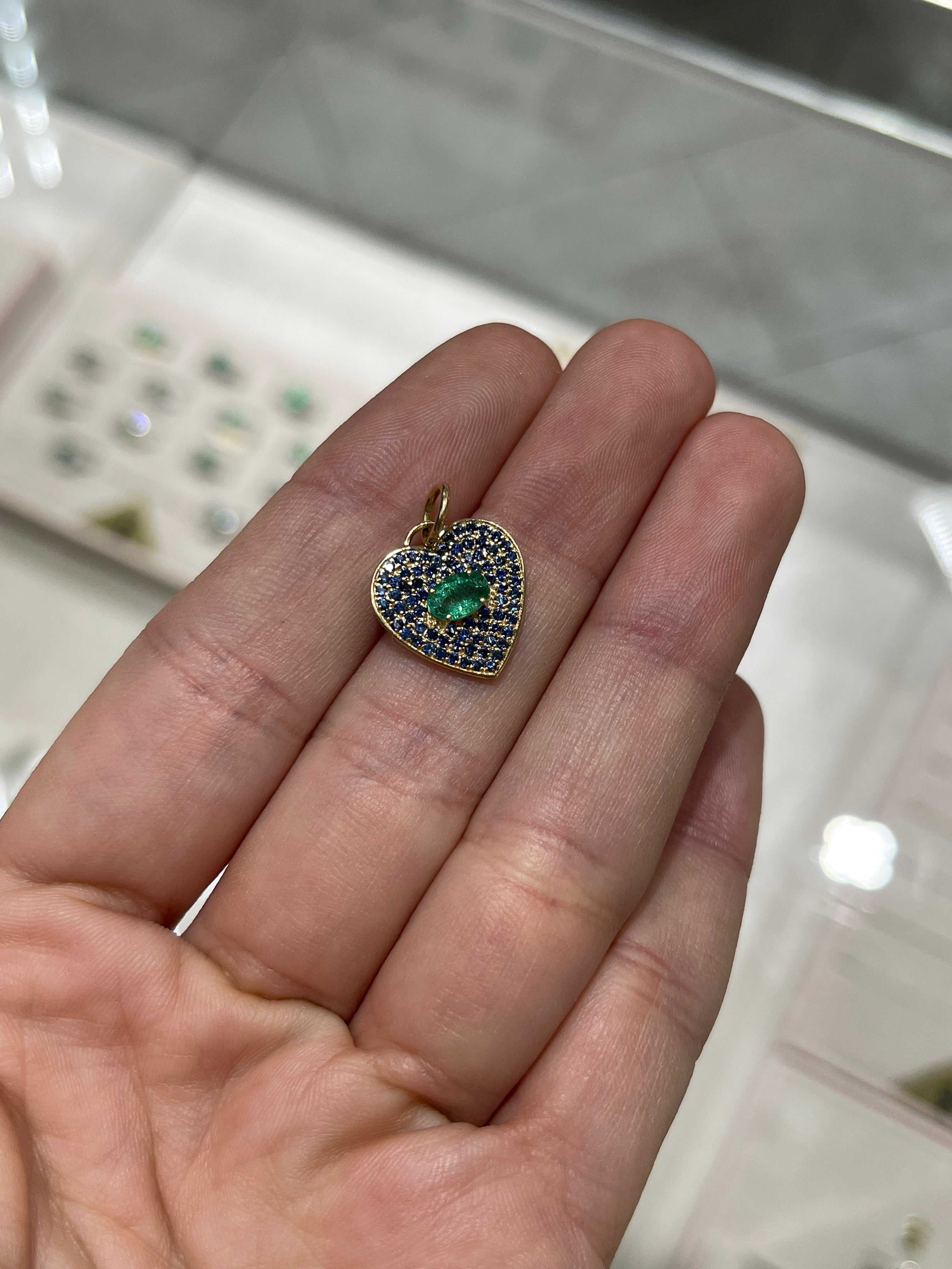 Special listing for Cristiana 1.10tcw Emerald & Blue Sapphire Heart Charm 14K - JR Colombian Emeralds