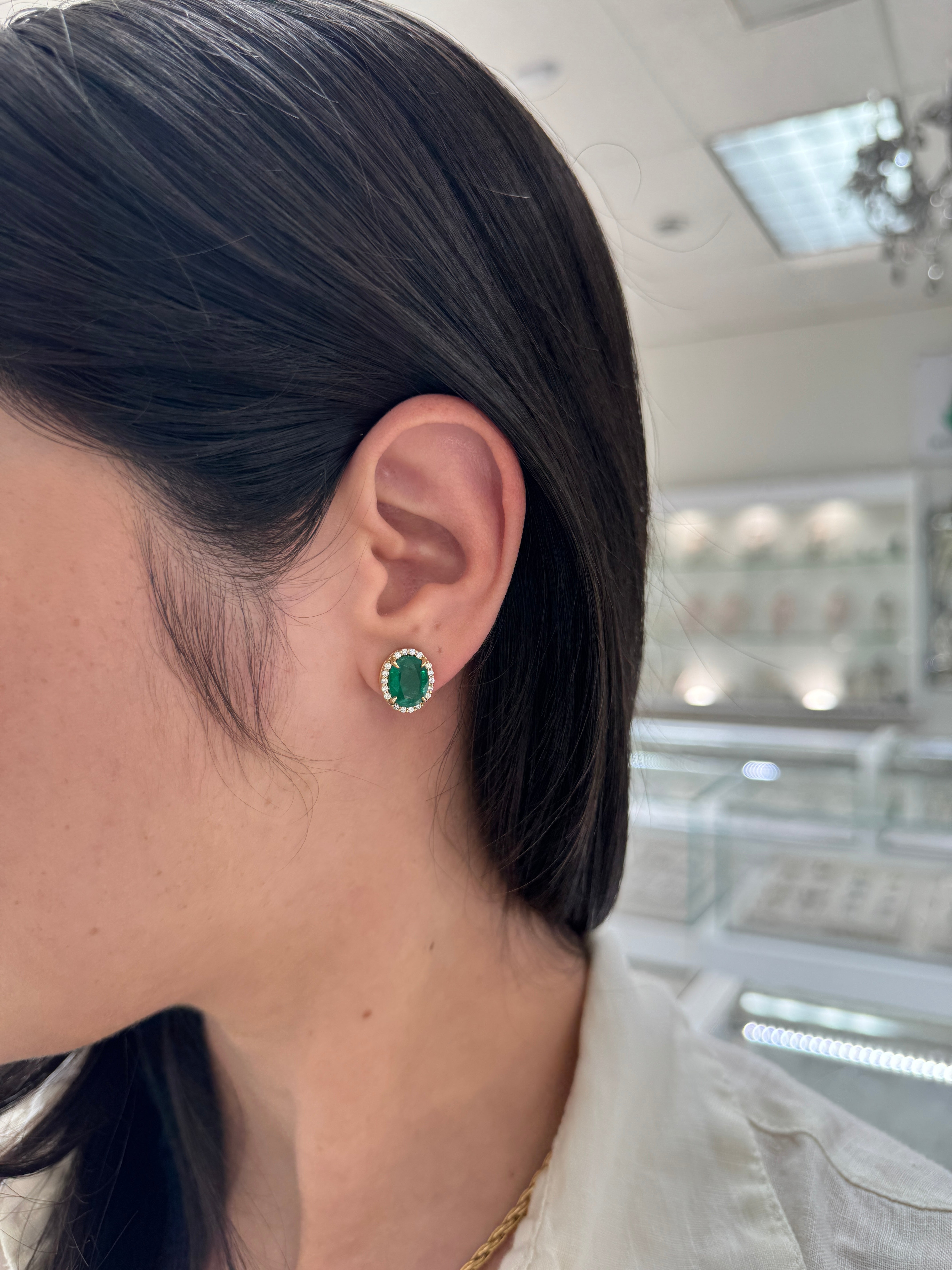 5.15tcw Oval Cut Natural Emerald & Diamond Halo Studs 14K - JR Colombian Emeralds