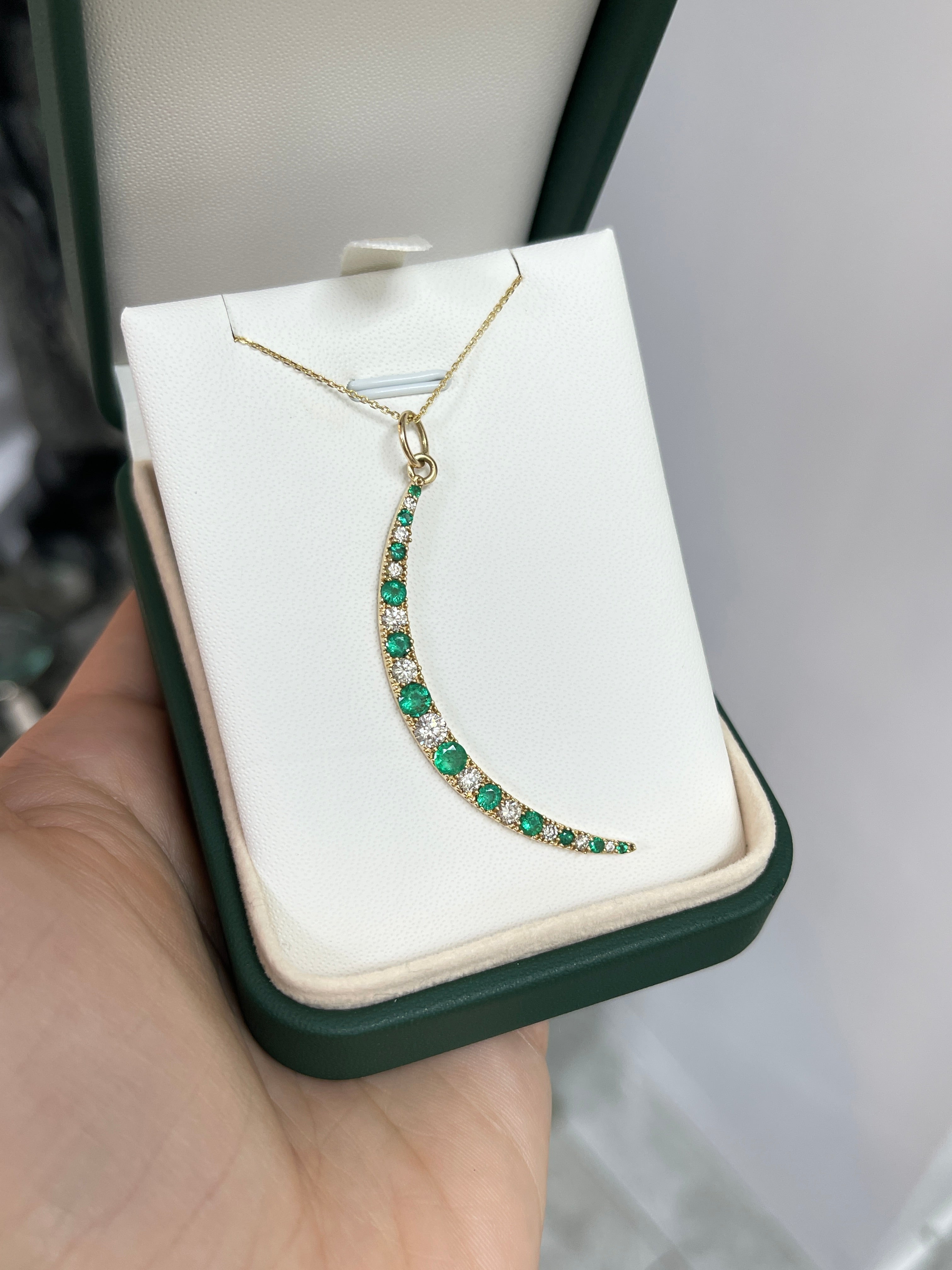1.86tcw Emerald & Diamond Crescent Moon Pendant Charm 14K - JR Colombian Emeralds