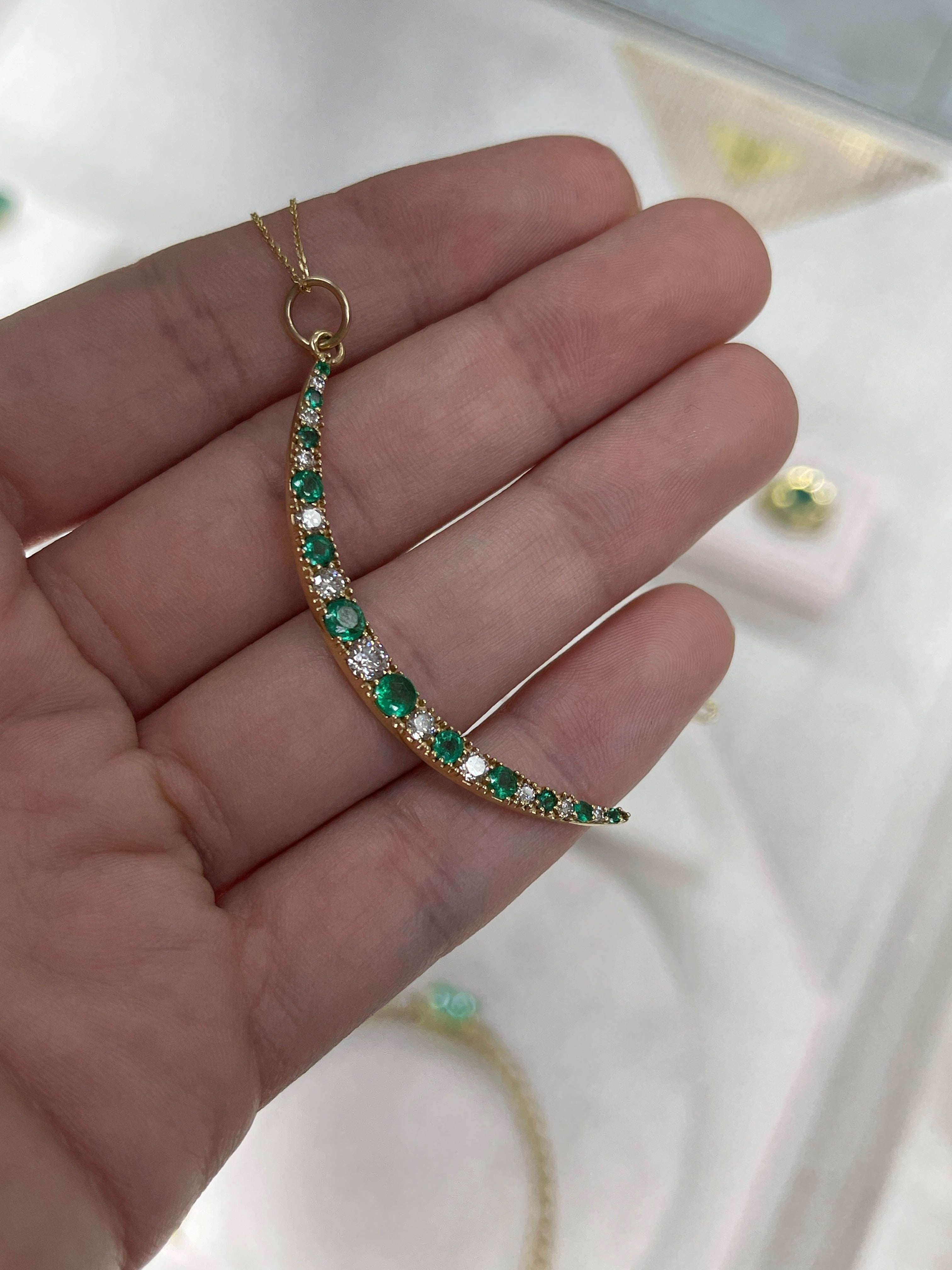 1.86tcw Emerald & Diamond Crescent Moon Pendant Charm 14K - JR Colombian Emeralds