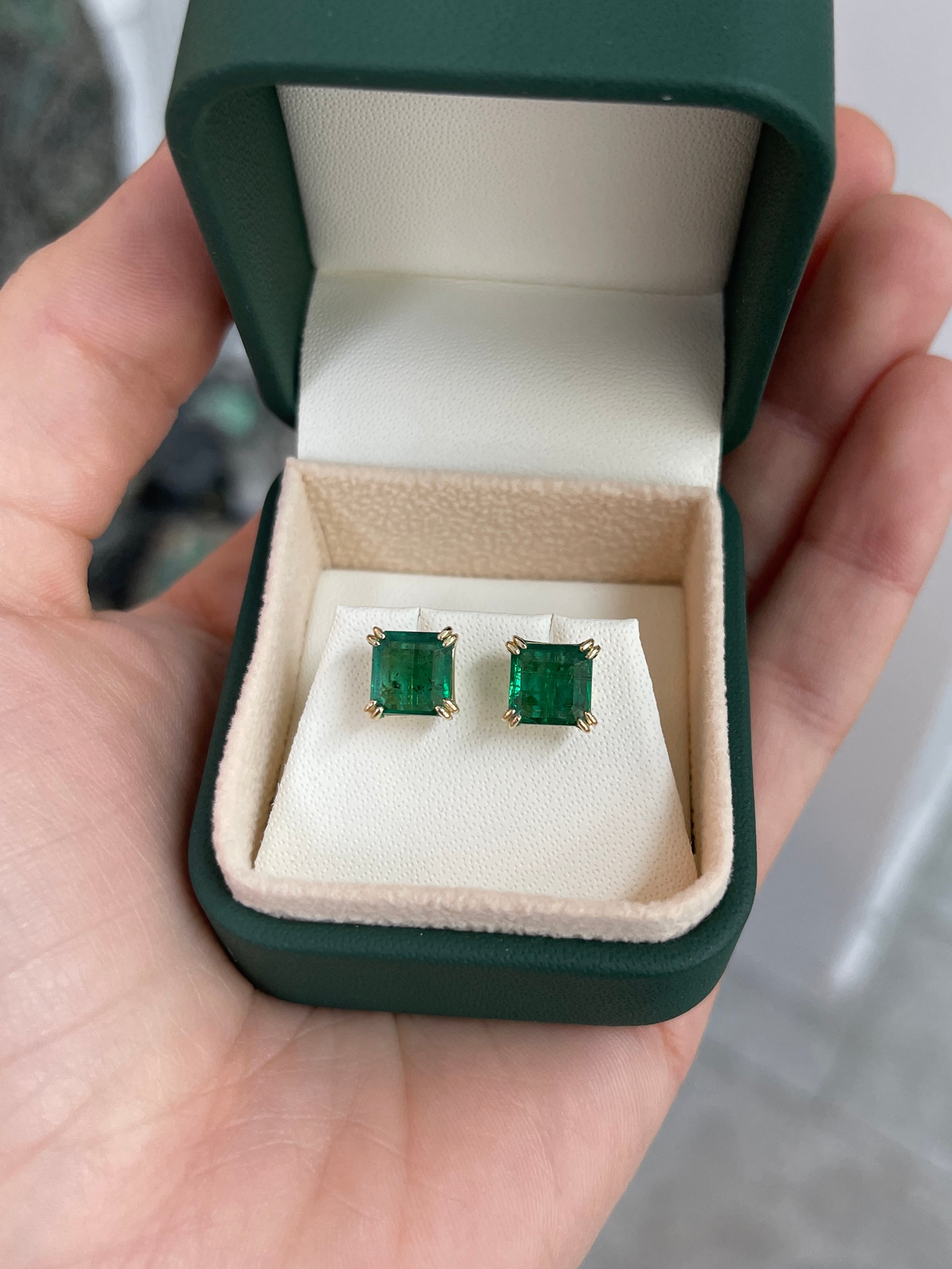 3.98tcw Freckled Asscher Cut Natural Emerald Double Prong Stud Earrings 14K