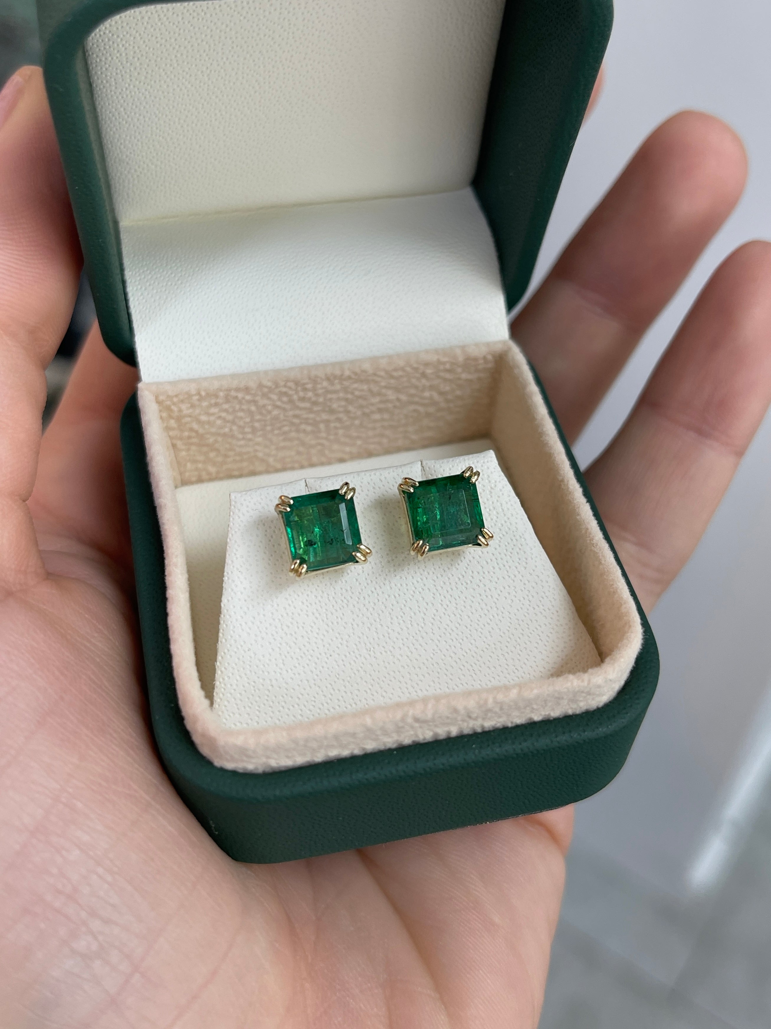 3.98tcw Freckled Asscher Cut Natural Emerald Double Prong Stud Earrings 14K