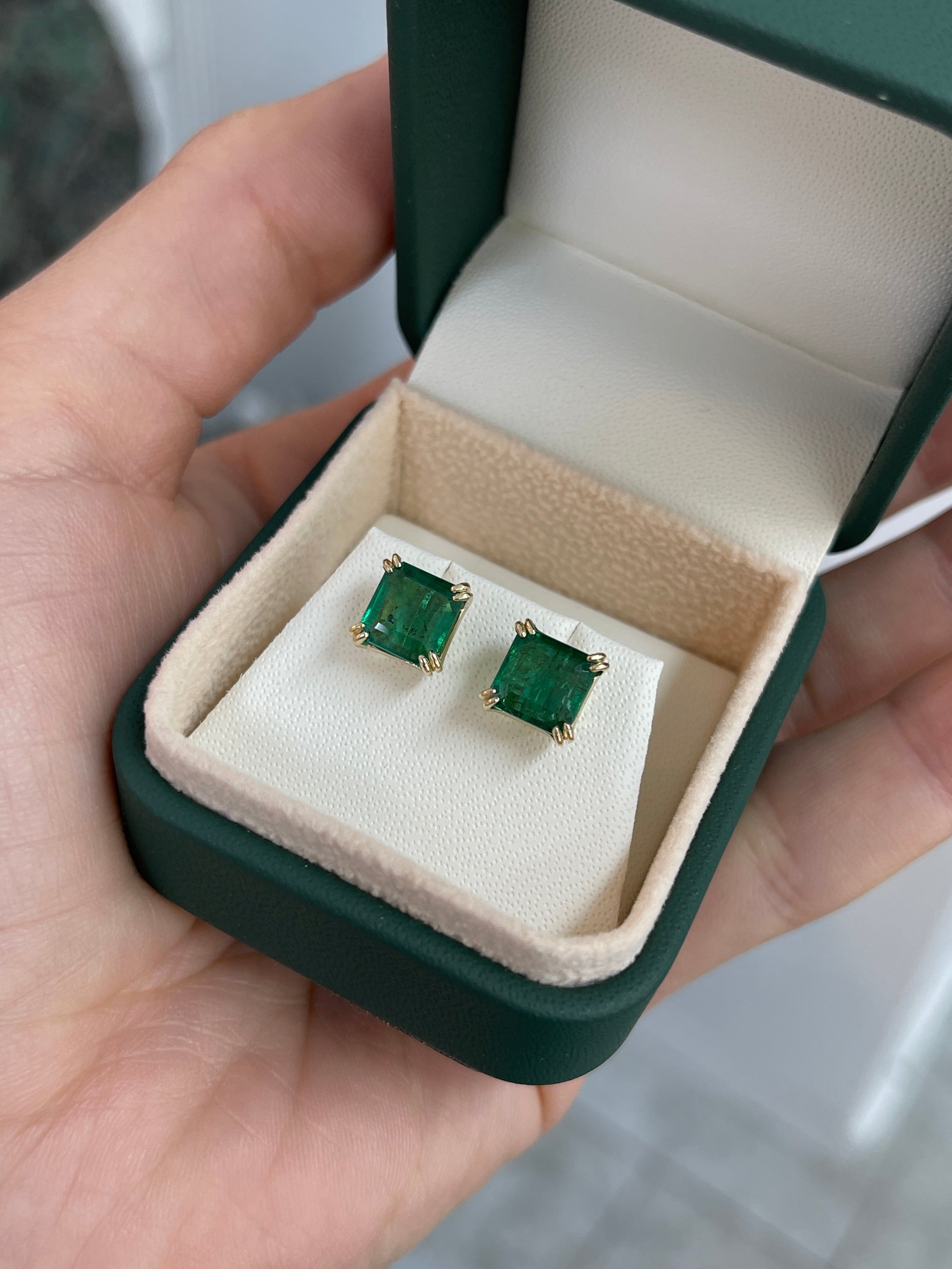 3.98tcw Freckled Asscher Cut Natural Emerald Double Prong Stud Earrings 14K