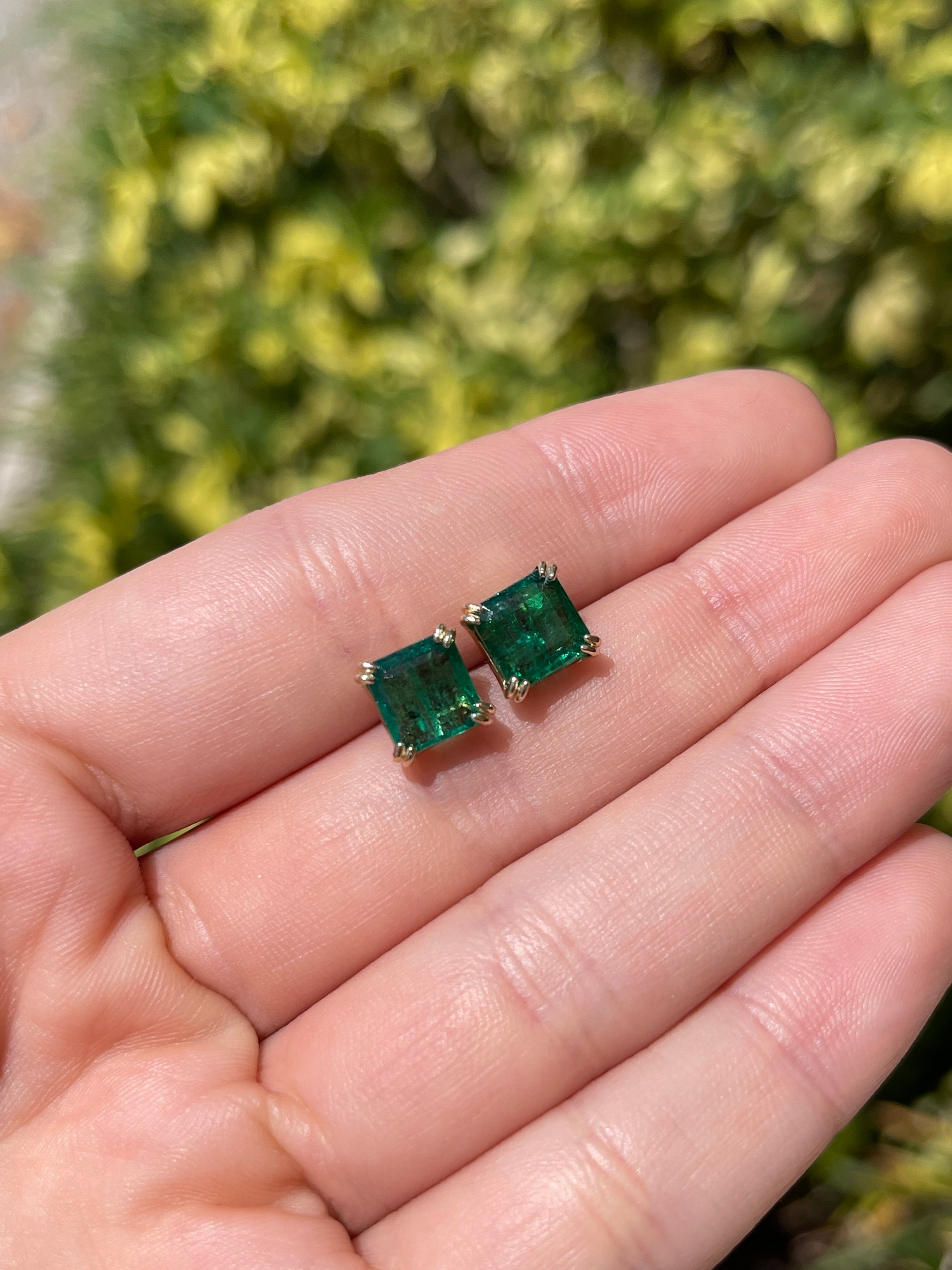 3.98tcw Freckled Asscher Cut Natural Emerald Double Prong Stud Earrings 14K