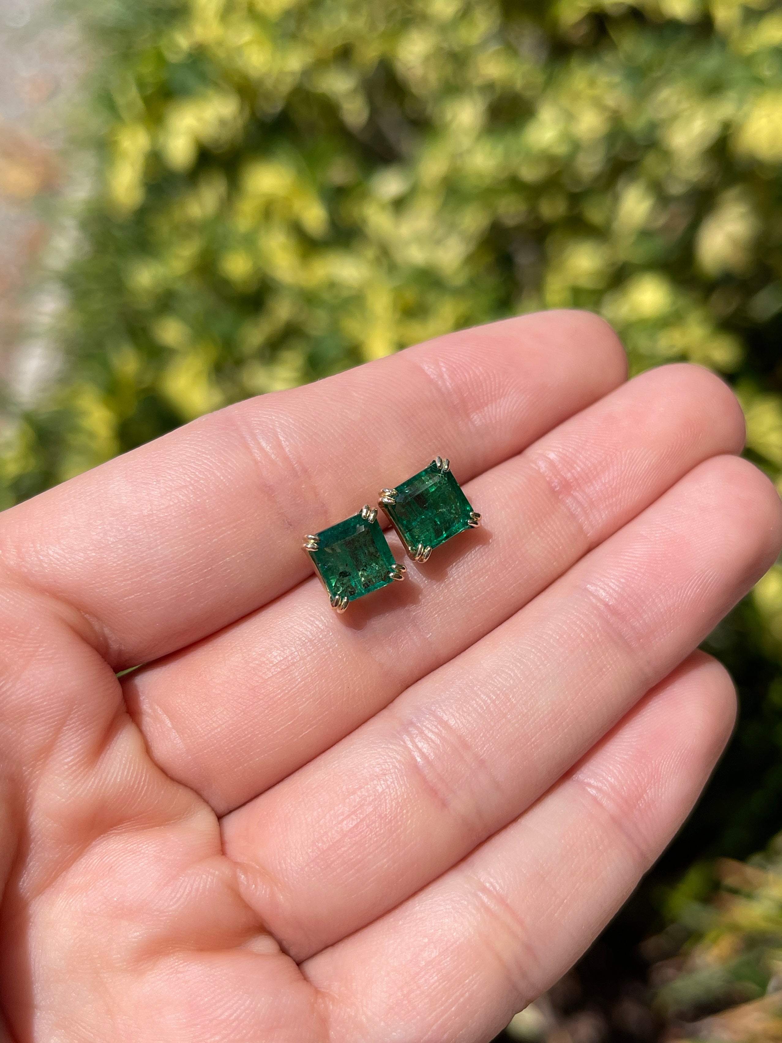 3.98tcw Freckled Asscher Cut Natural Emerald Double Prong Stud Earrings 14K