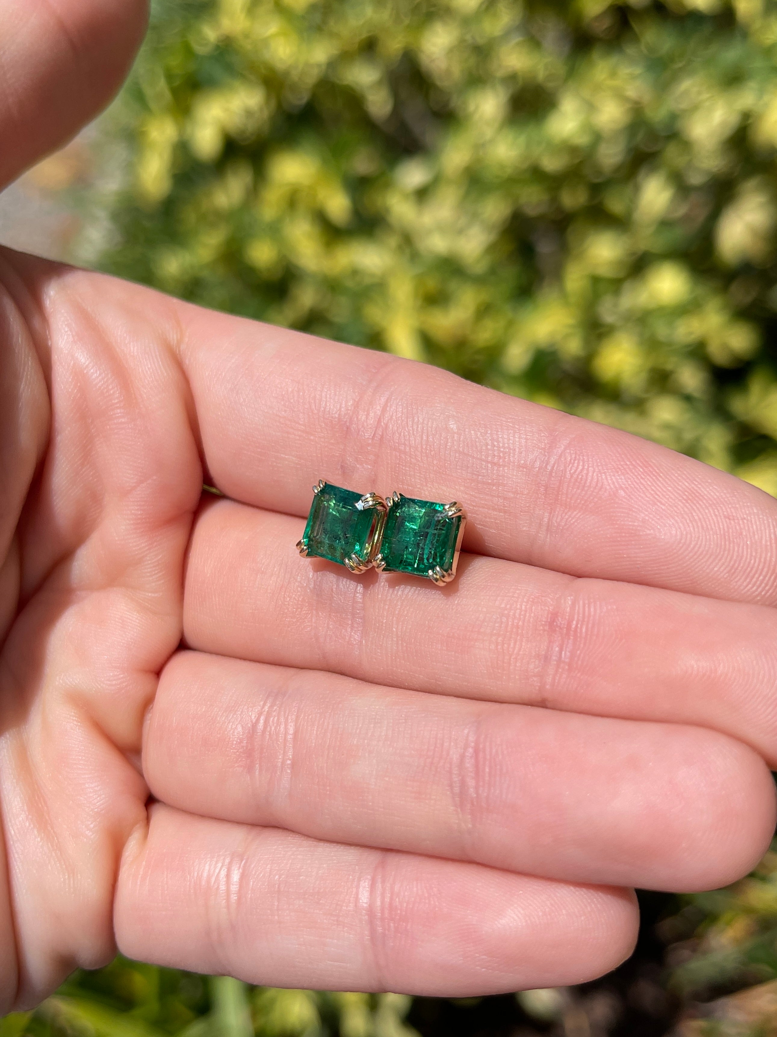 3.98tcw Freckled Asscher Cut Natural Emerald Double Prong Stud Earrings 14K