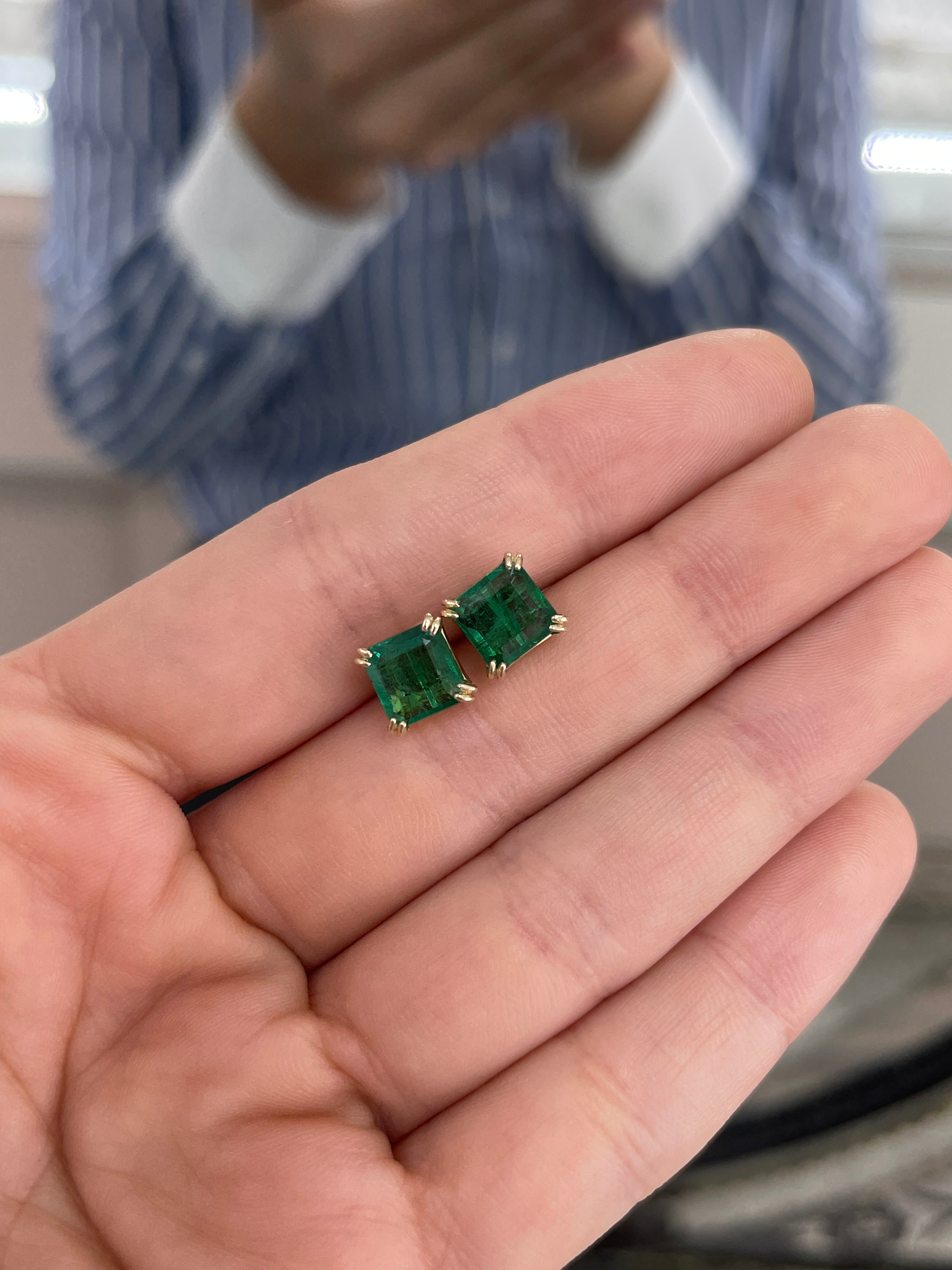 3.98tcw Freckled Asscher Cut Natural Emerald Double Prong Stud Earrings 14K