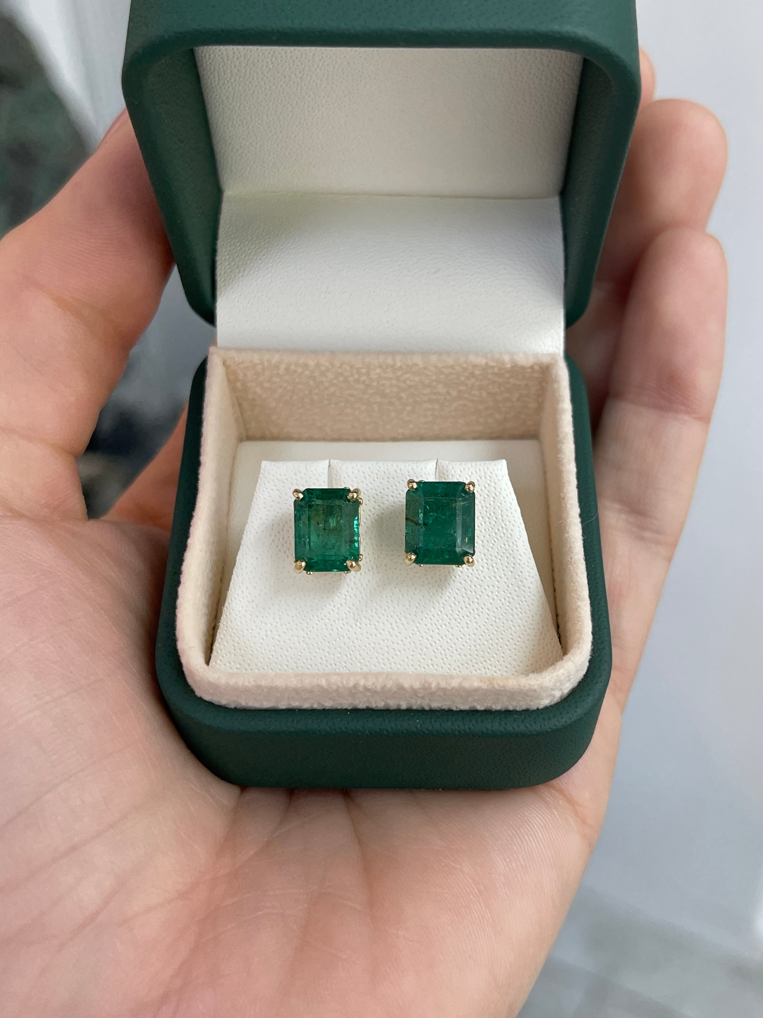 6.70tcw Zambian Emerald Emerald Cut Fleur De Lis Stud Earrings 14K