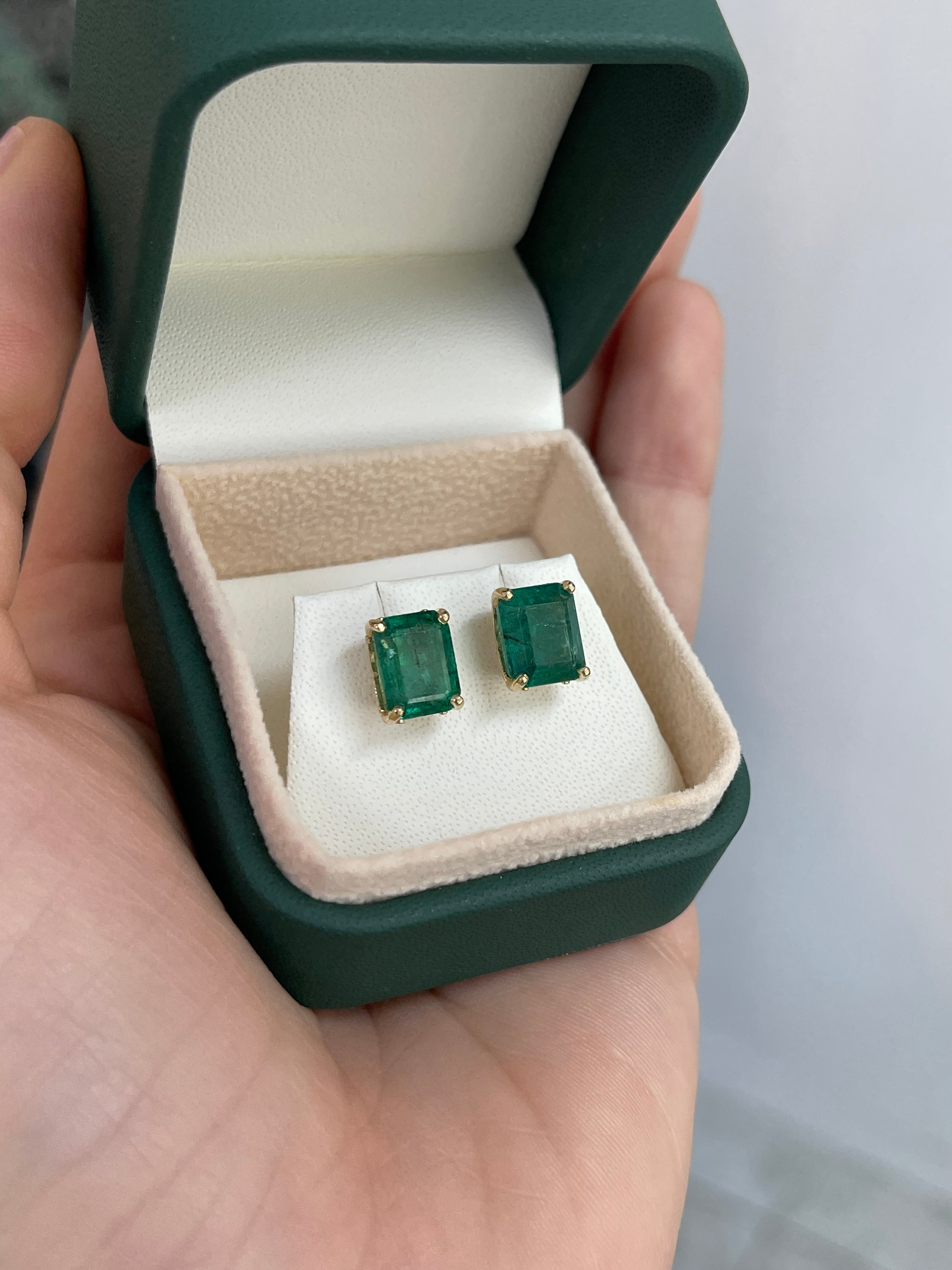 6.70tcw Zambian Emerald Emerald Cut Fleur De Lis Stud Earrings 14K