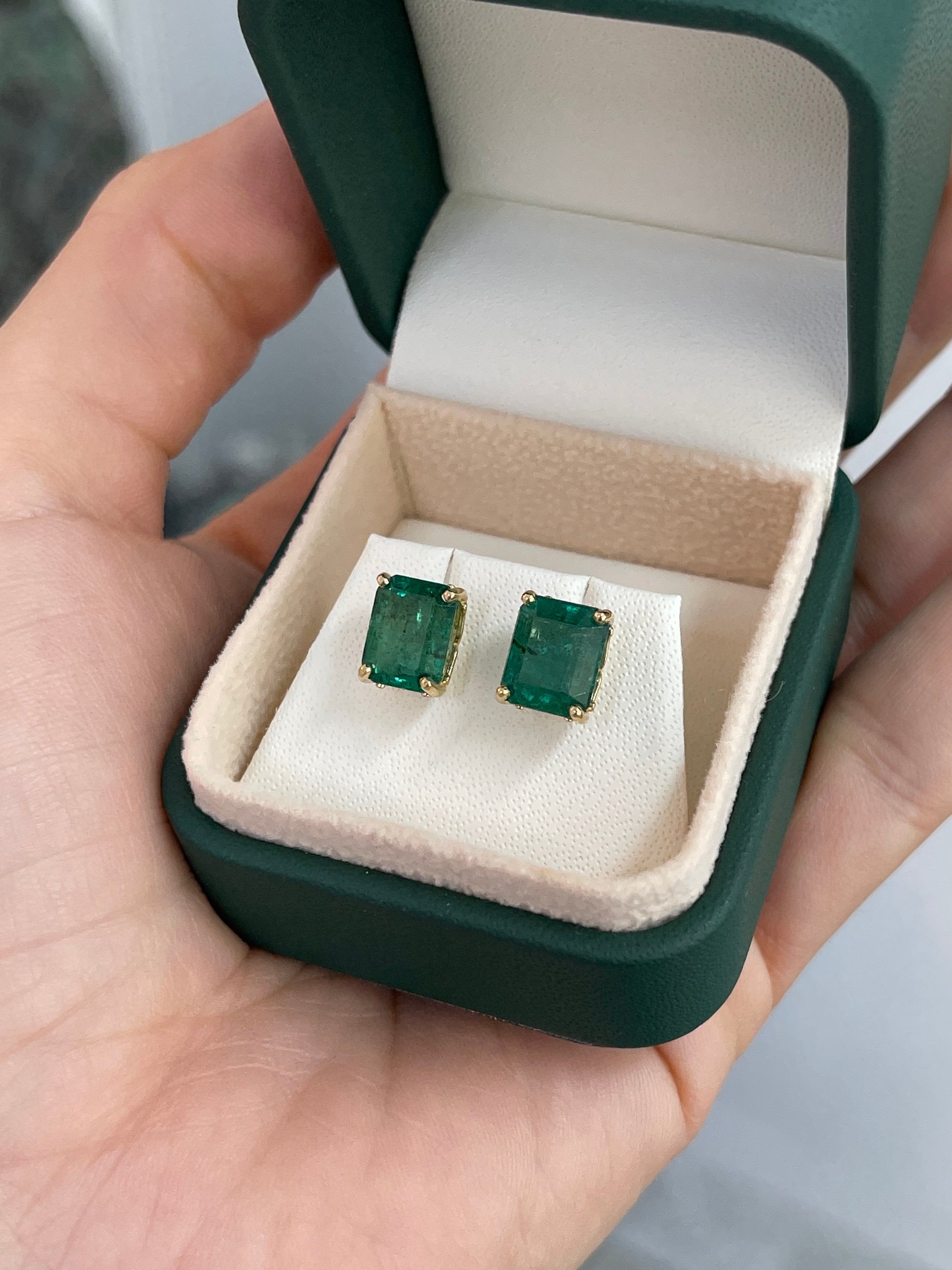 6.70tcw Zambian Emerald Emerald Cut Fleur De Lis Stud Earrings 14K