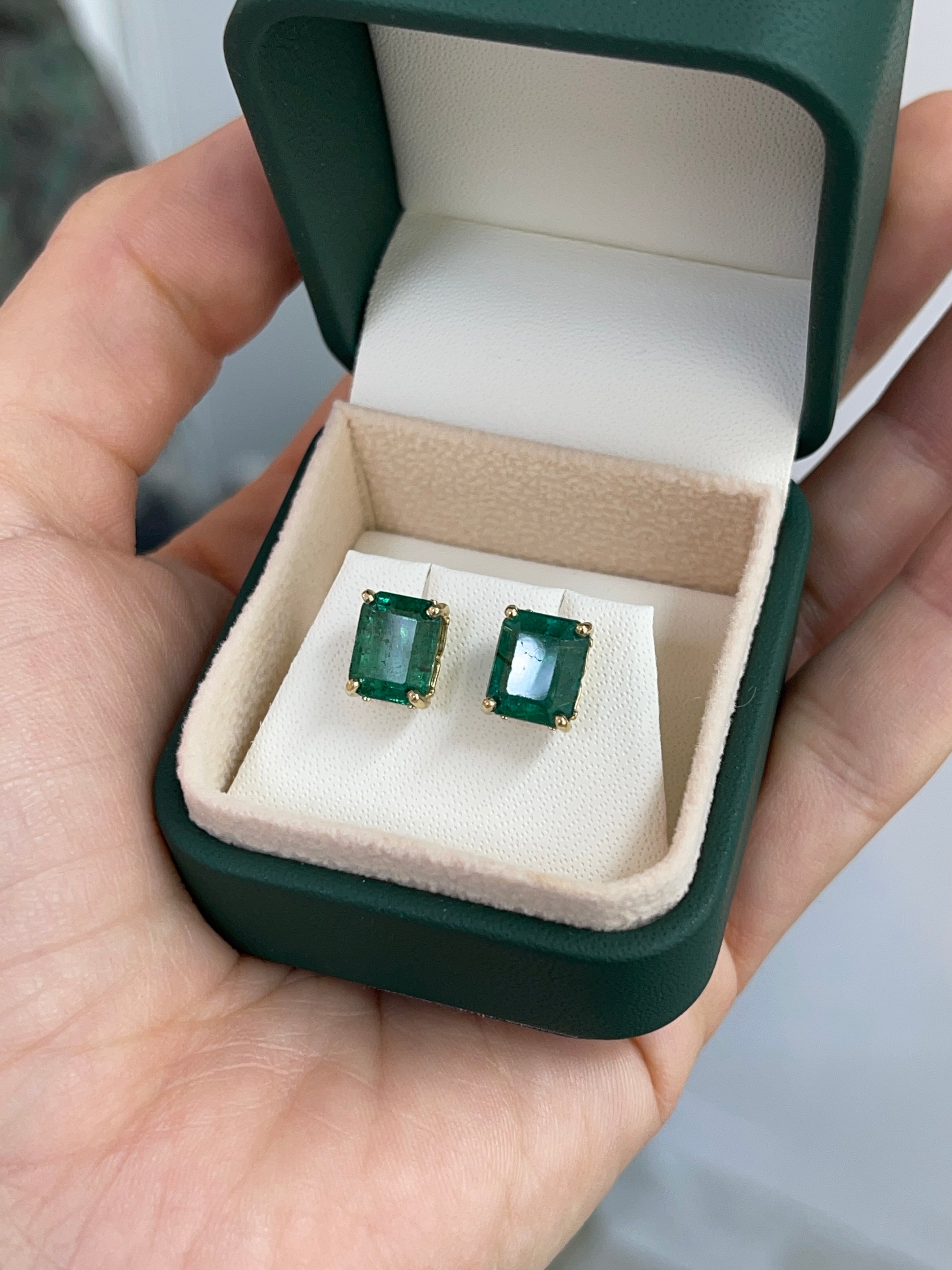 6.70tcw Zambian Emerald Emerald Cut Fleur De Lis Stud Earrings 14K