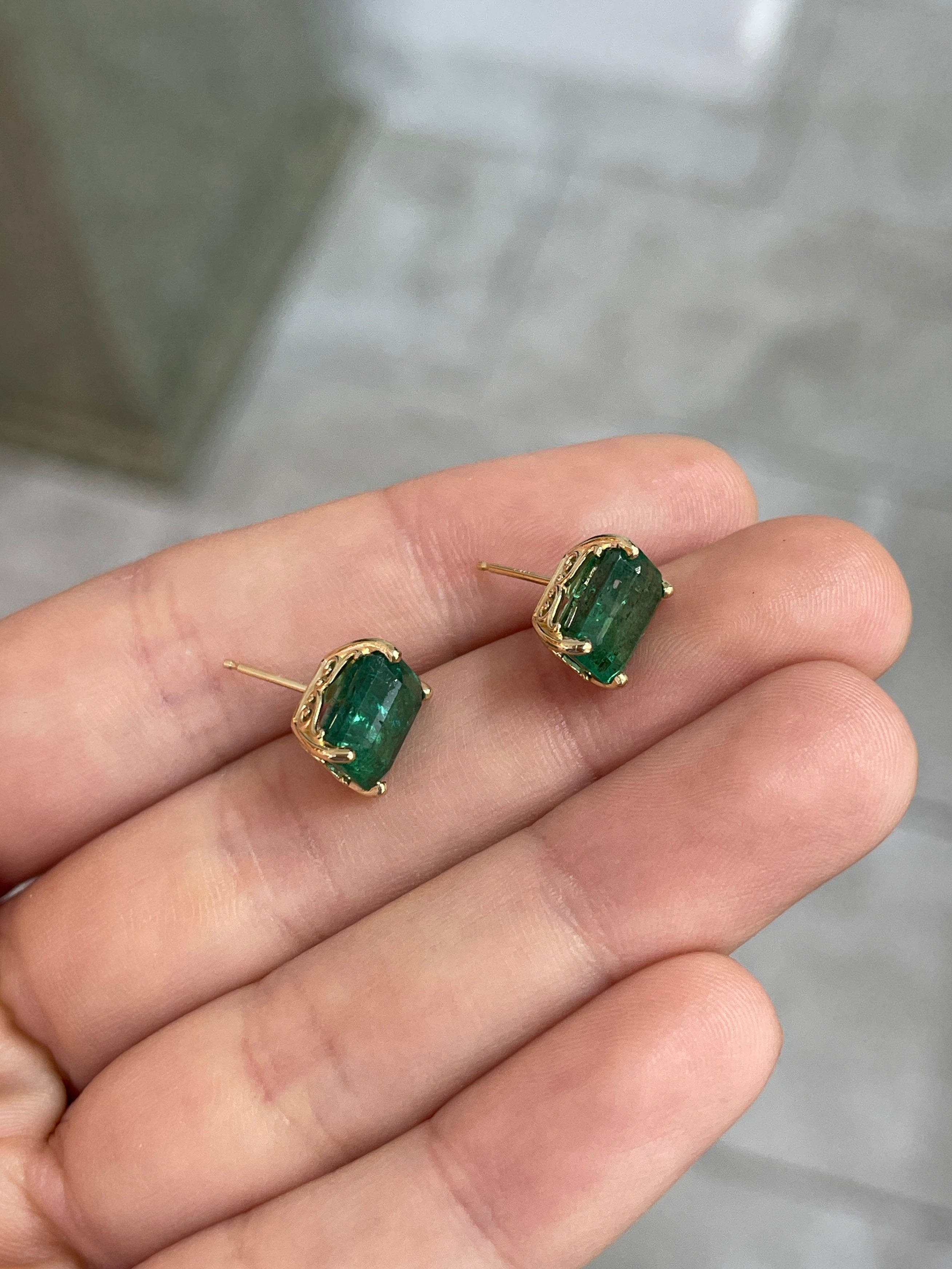 6.70tcw Zambian Emerald Emerald Cut Fleur De Lis Stud Earrings 14K
