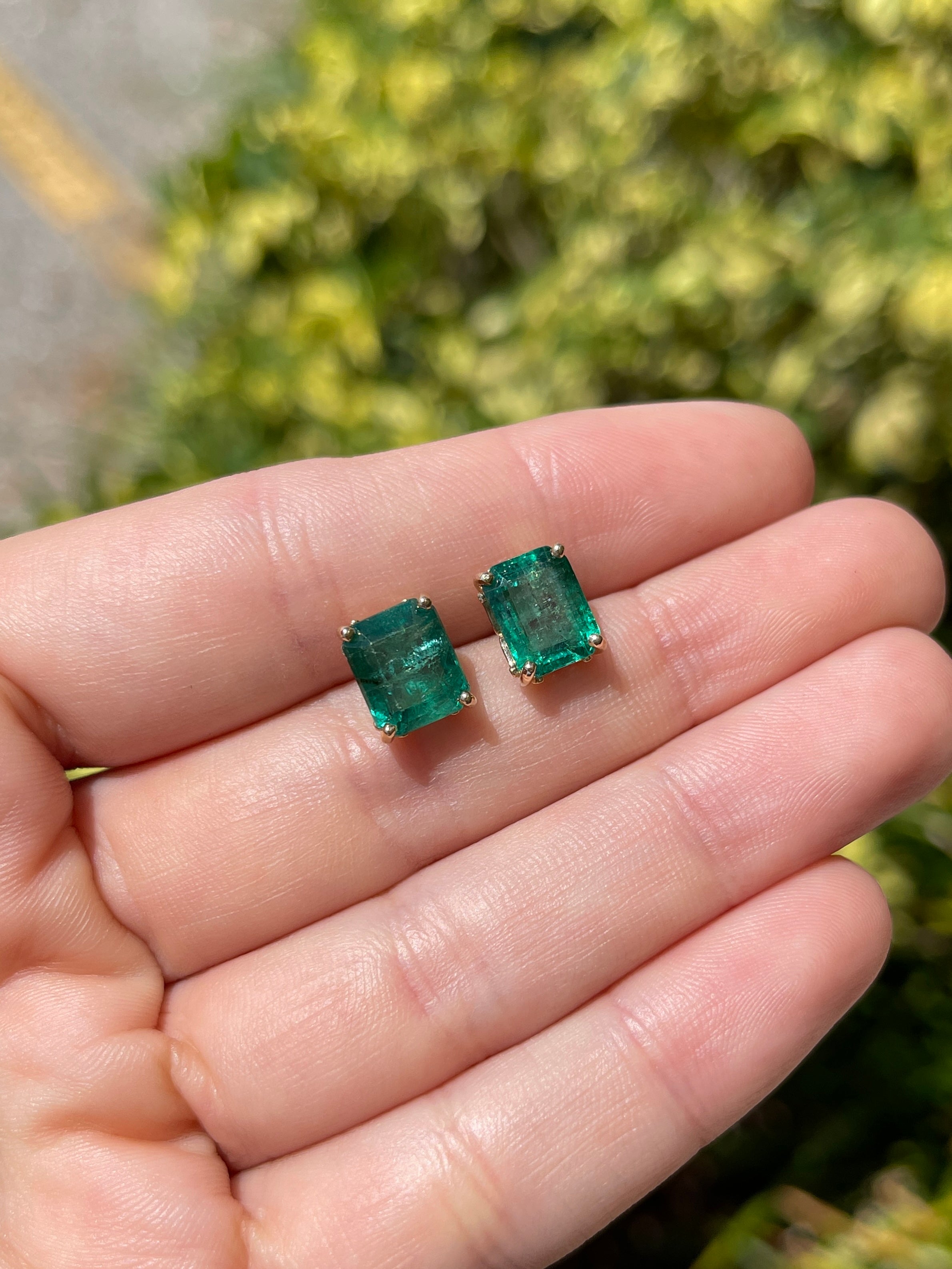 6.70tcw Zambian Emerald Emerald Cut Fleur De Lis Stud Earrings 14K