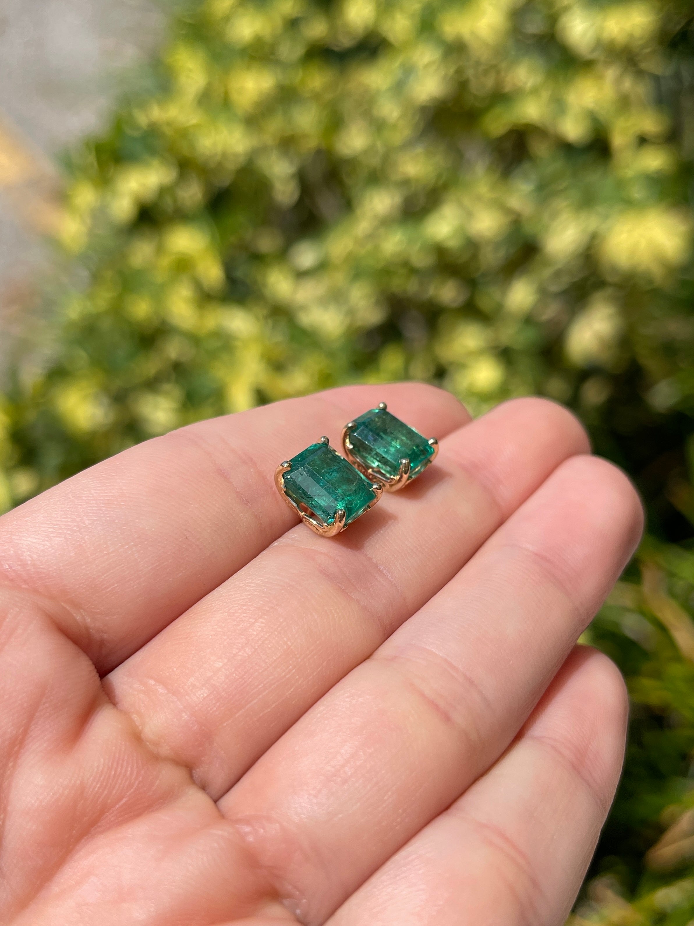 6.70tcw Zambian Emerald Emerald Cut Fleur De Lis Stud Earrings 14K