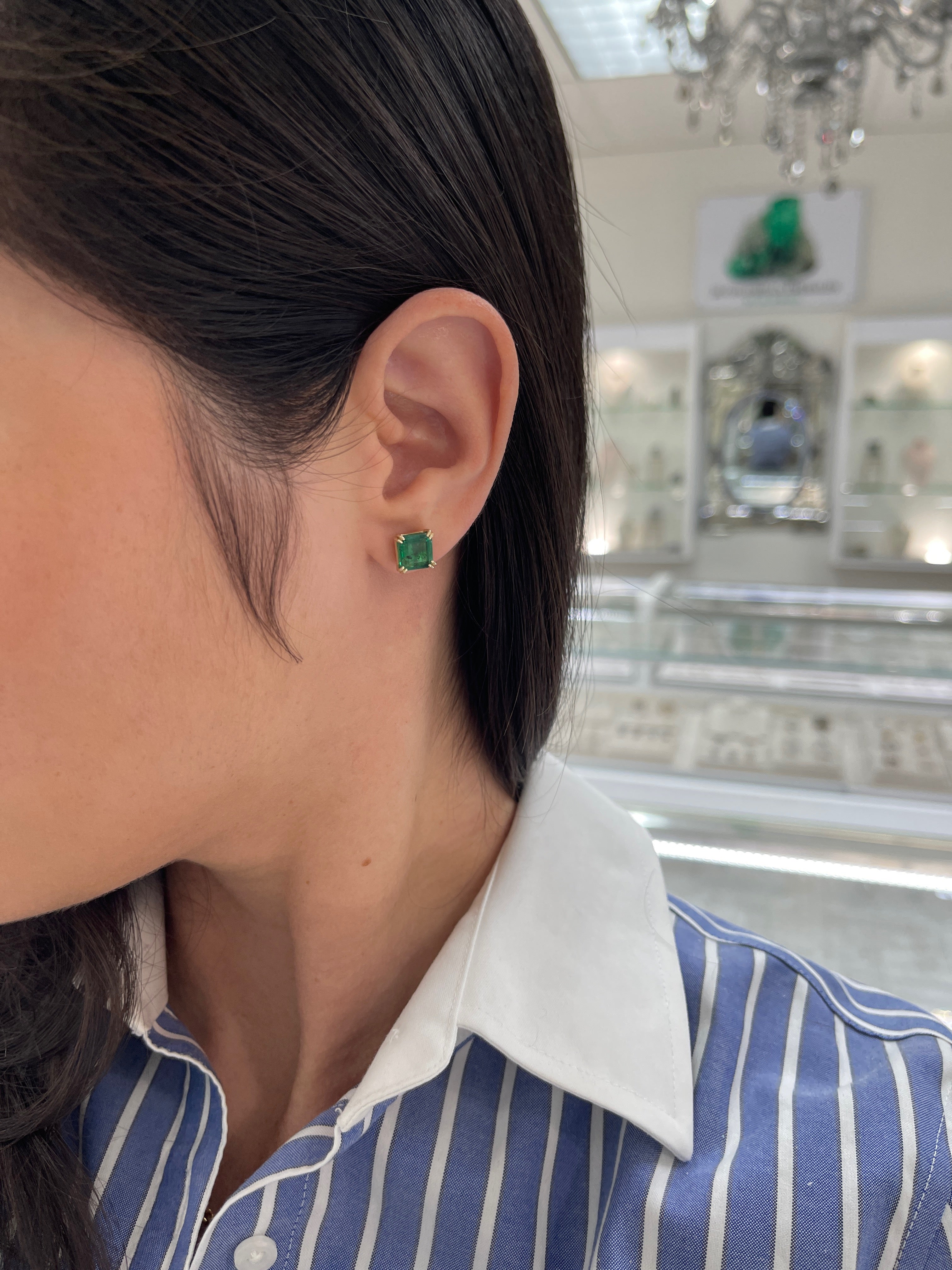 3.98tcw Freckled Asscher Cut Natural Emerald Double Prong Stud Earrings 14K