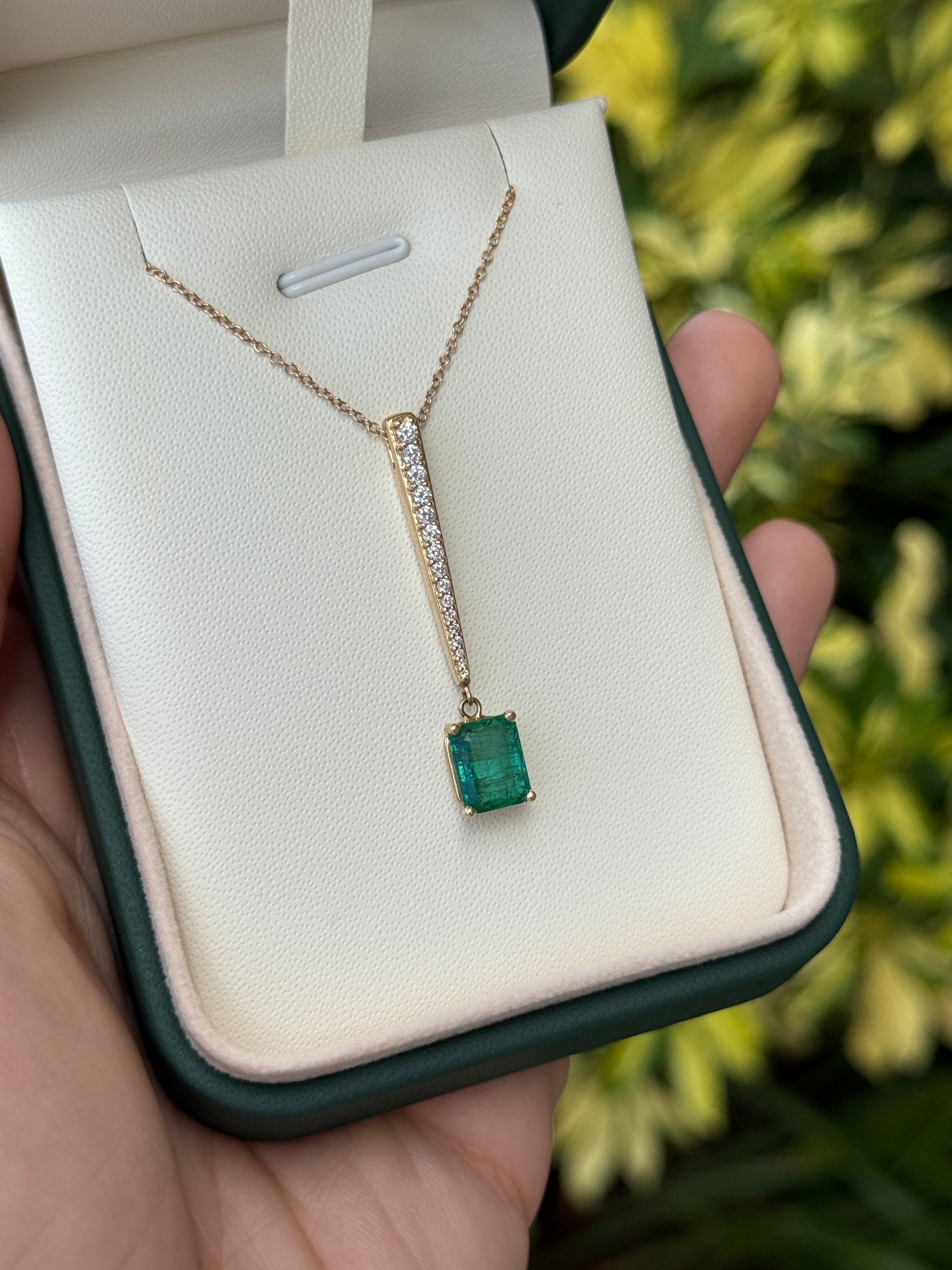 14K gold emerald and diamond V drop pendant necklace with 2.68 carats of natural emeralds and diamonds by JR Colombian Emeralds.