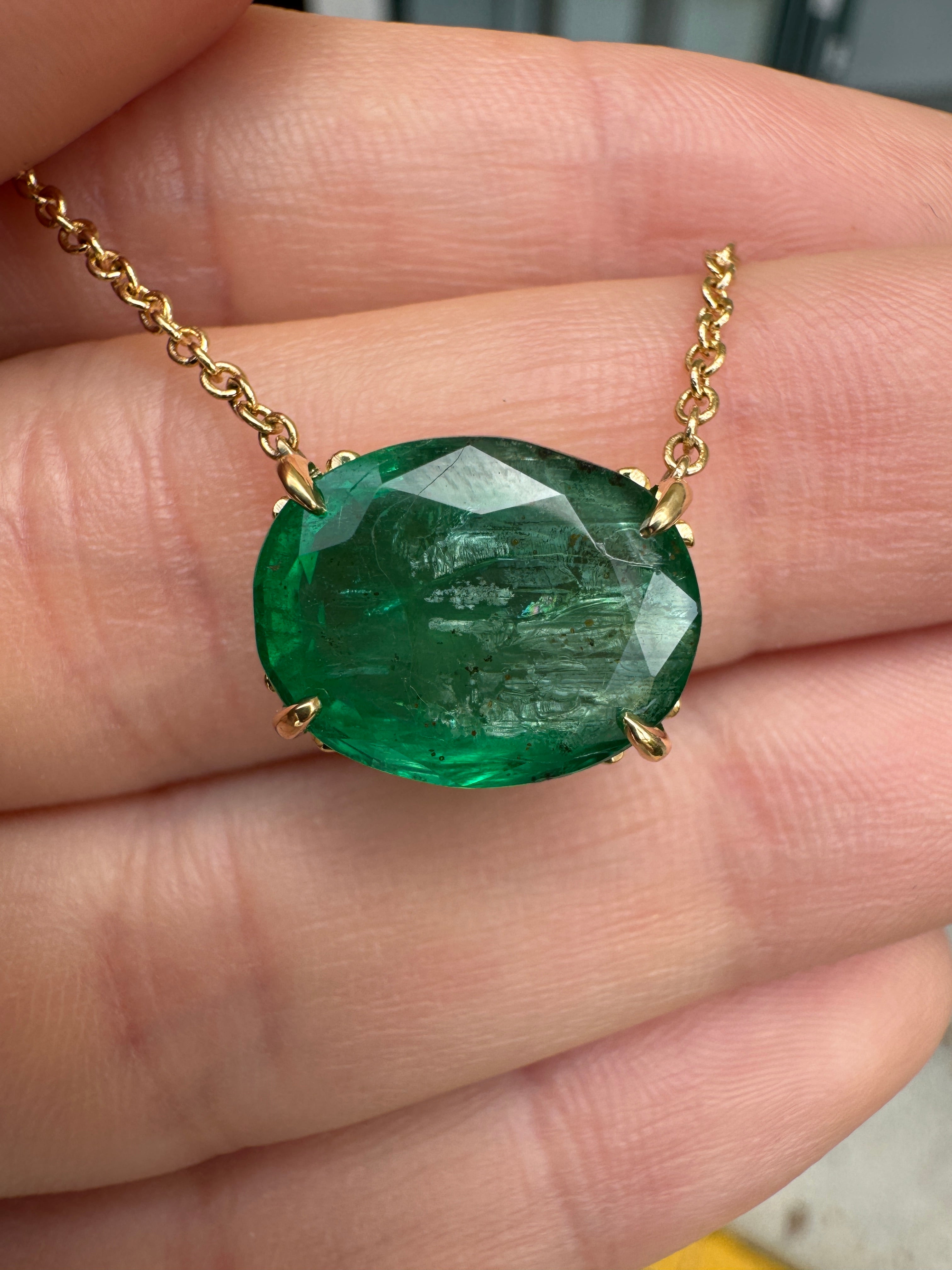18K gold emerald necklace with 6.80ct oval natural emeralds in a fleur-de-lis station design by JR Colombian Emeralds.