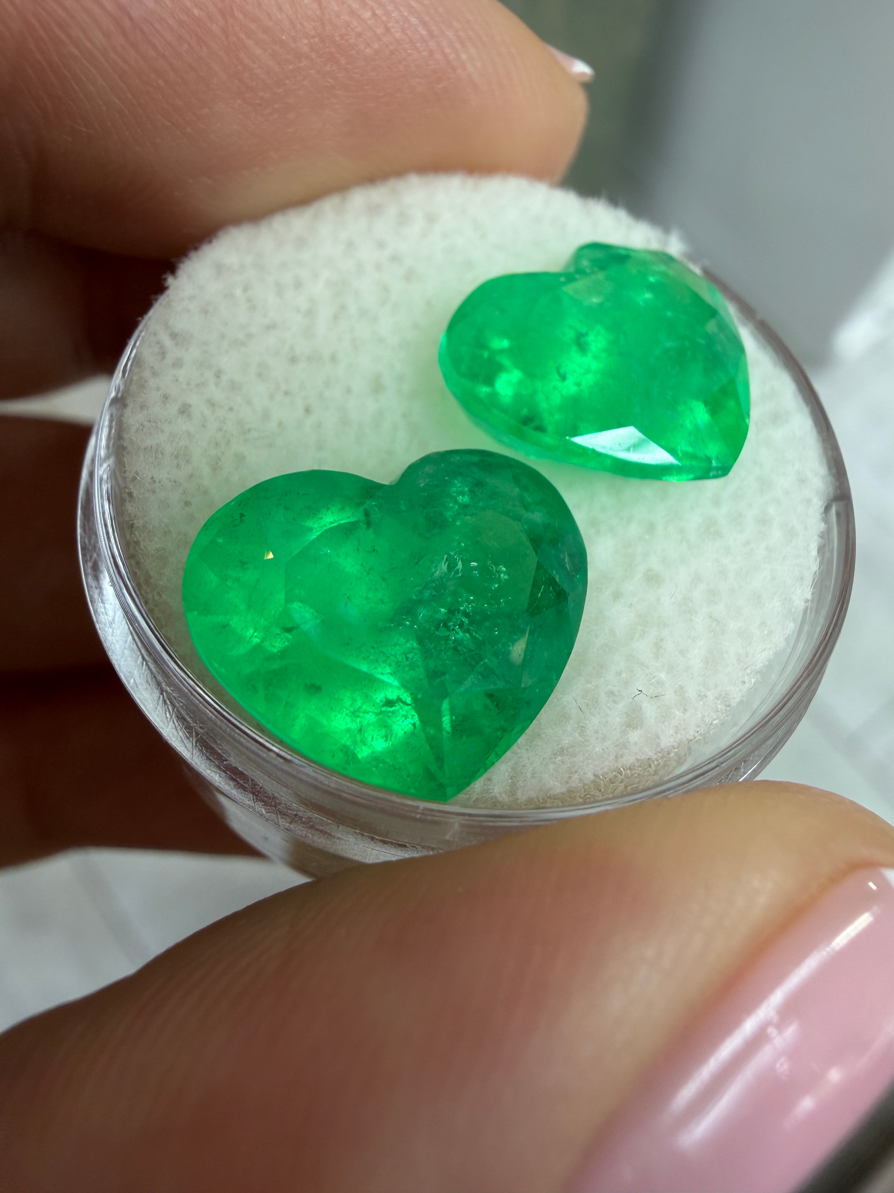 11.70tcw 11x13 Matching Emerald Hearts Yellowish Green Natural Colombian Emeralds