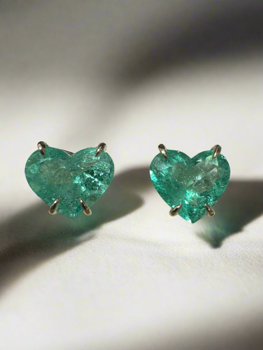 3.24tcw Matching Pair Green Natural Colombian Emerald Hearts Stud Earrings 14K - JR Colombian Emeralds