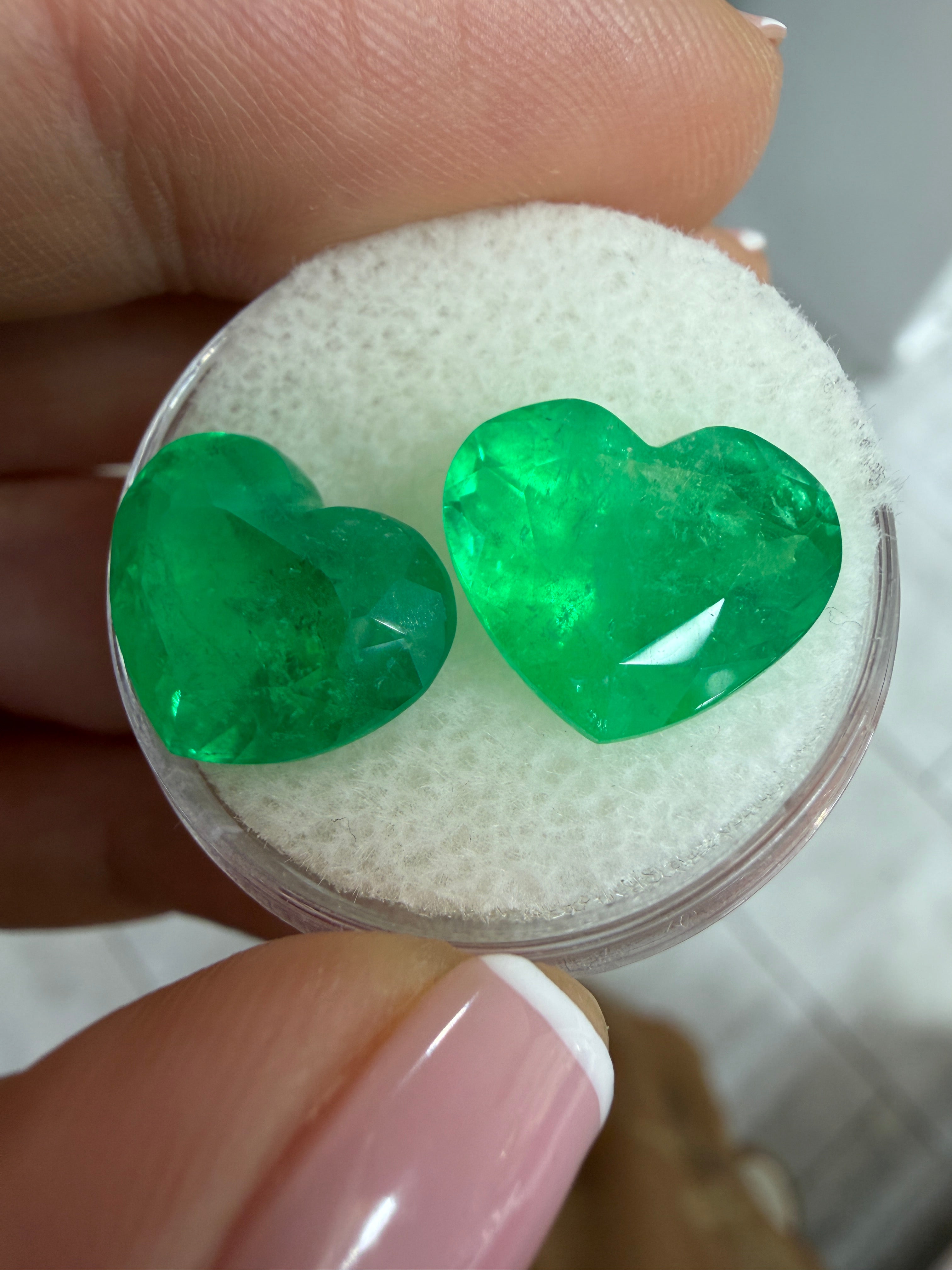 11.70tcw 11x13 Matching Emerald Hearts Yellowish Green Natural Colombian Emeralds