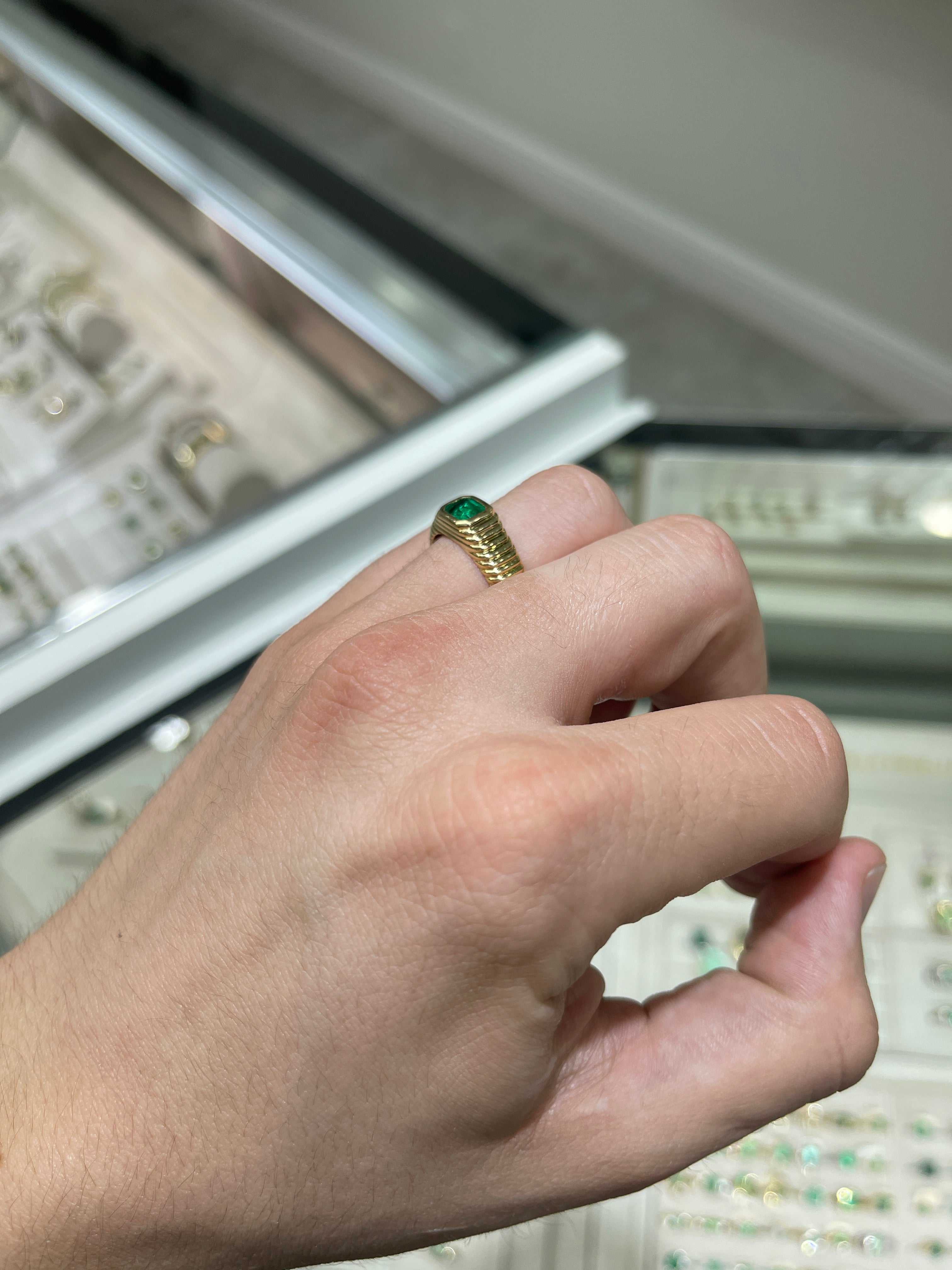 Men's 0.81 carat Colombian emerald ring with ribbed 18K yellow gold bezel, size 9, by JR Colombian Emeralds.