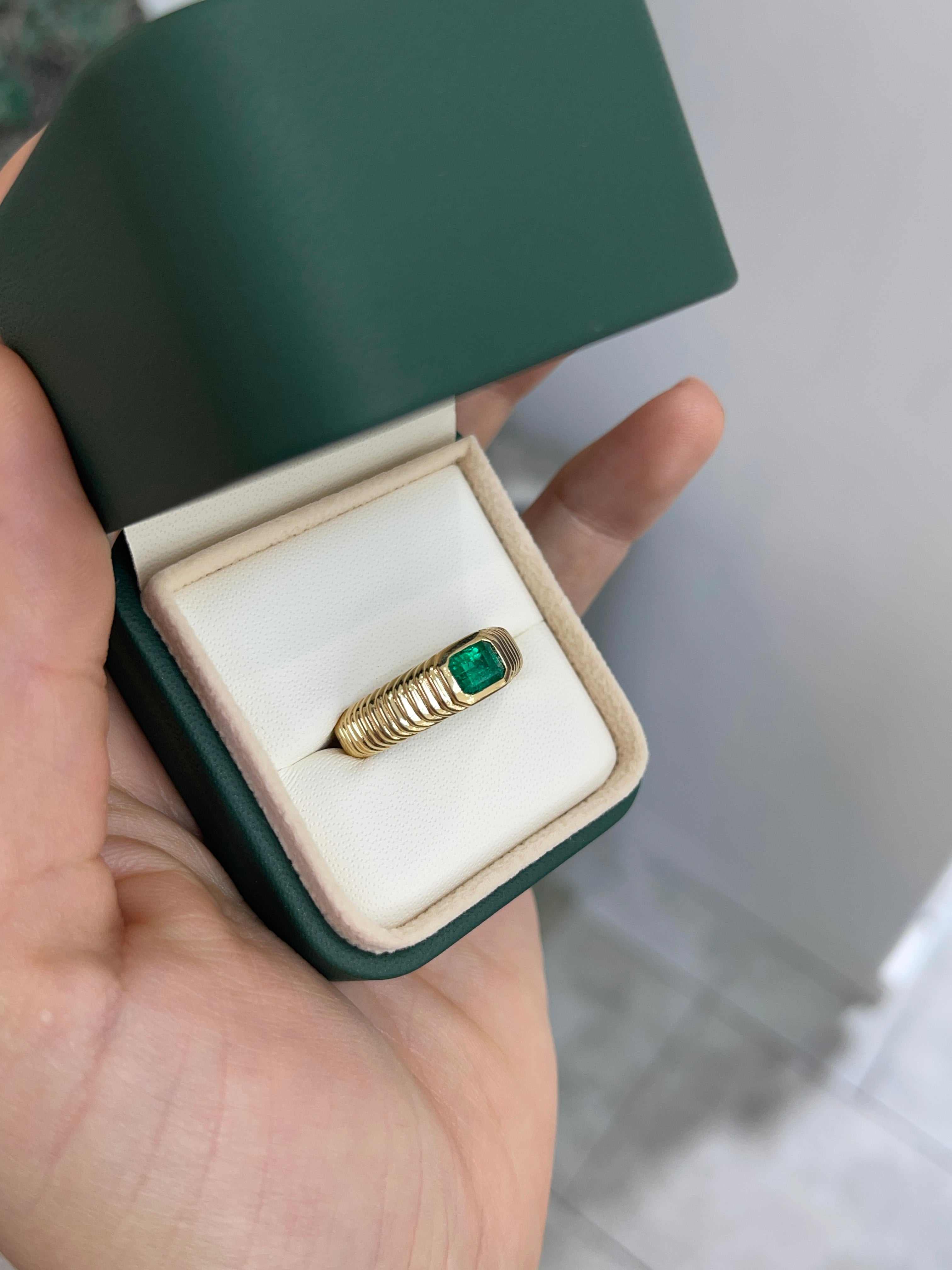 Men's 0.81 carat Colombian emerald ring with ribbed gold bezel in 18K yellow gold, size 9, by JR Colombian Emeralds.