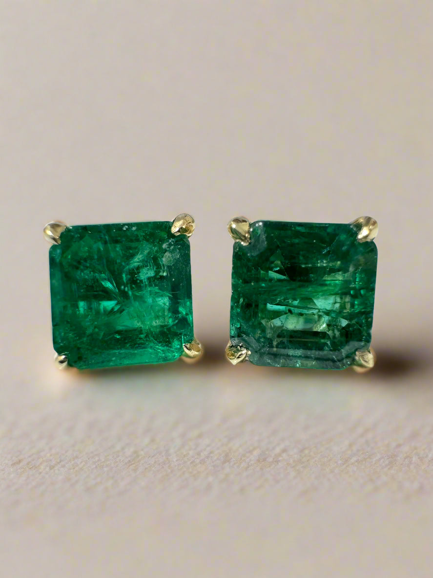 1.48tcw 14K 5x5 Deep Green Zambian Emerald Asscher Cut Solitaire Stud Earring - JR Colombian Emeralds
