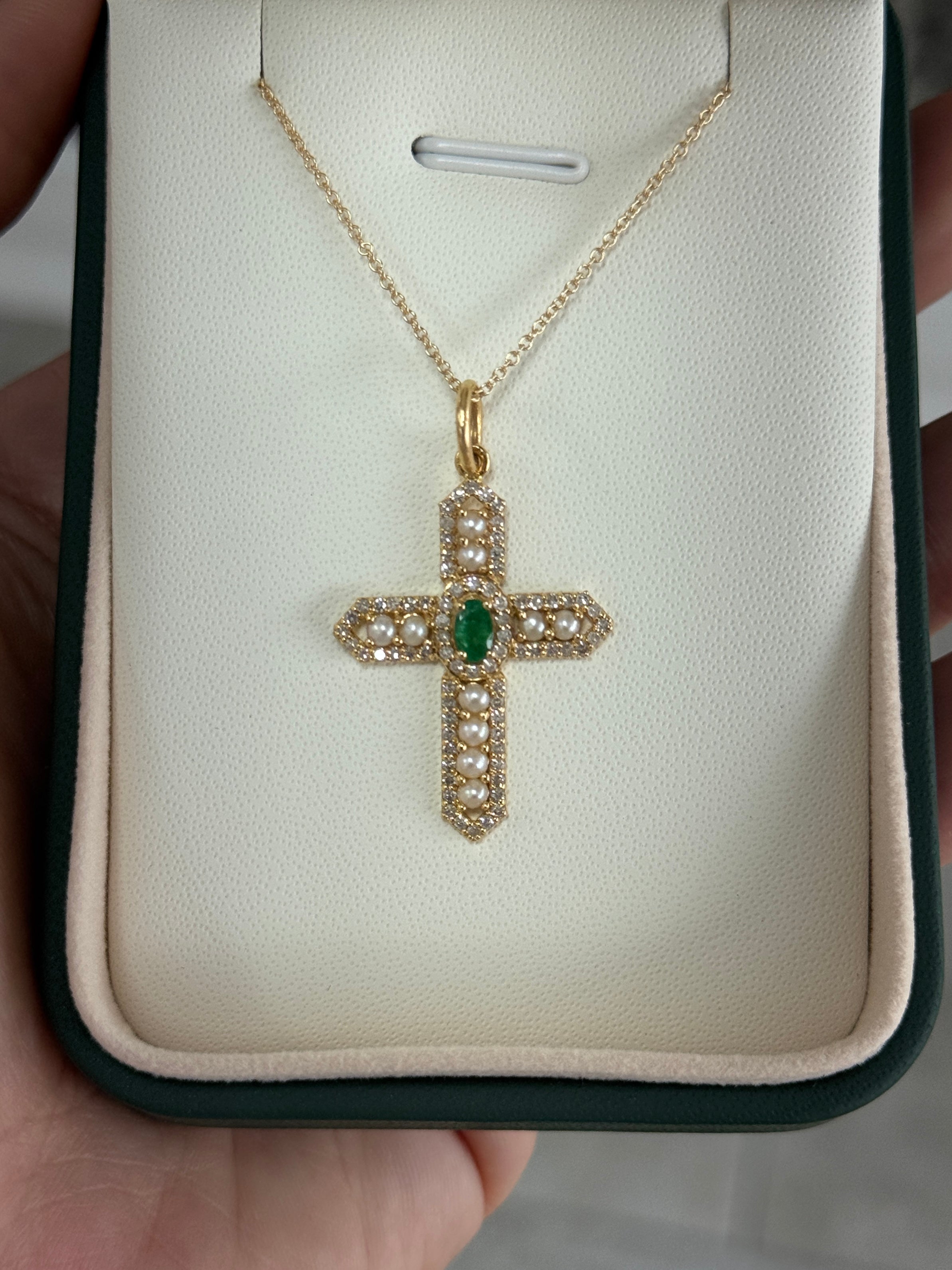 14K gold Regal cross pendant featuring 1.54tcw natural emerald, diamonds, and pearls, crafted by JR Colombian Emeralds