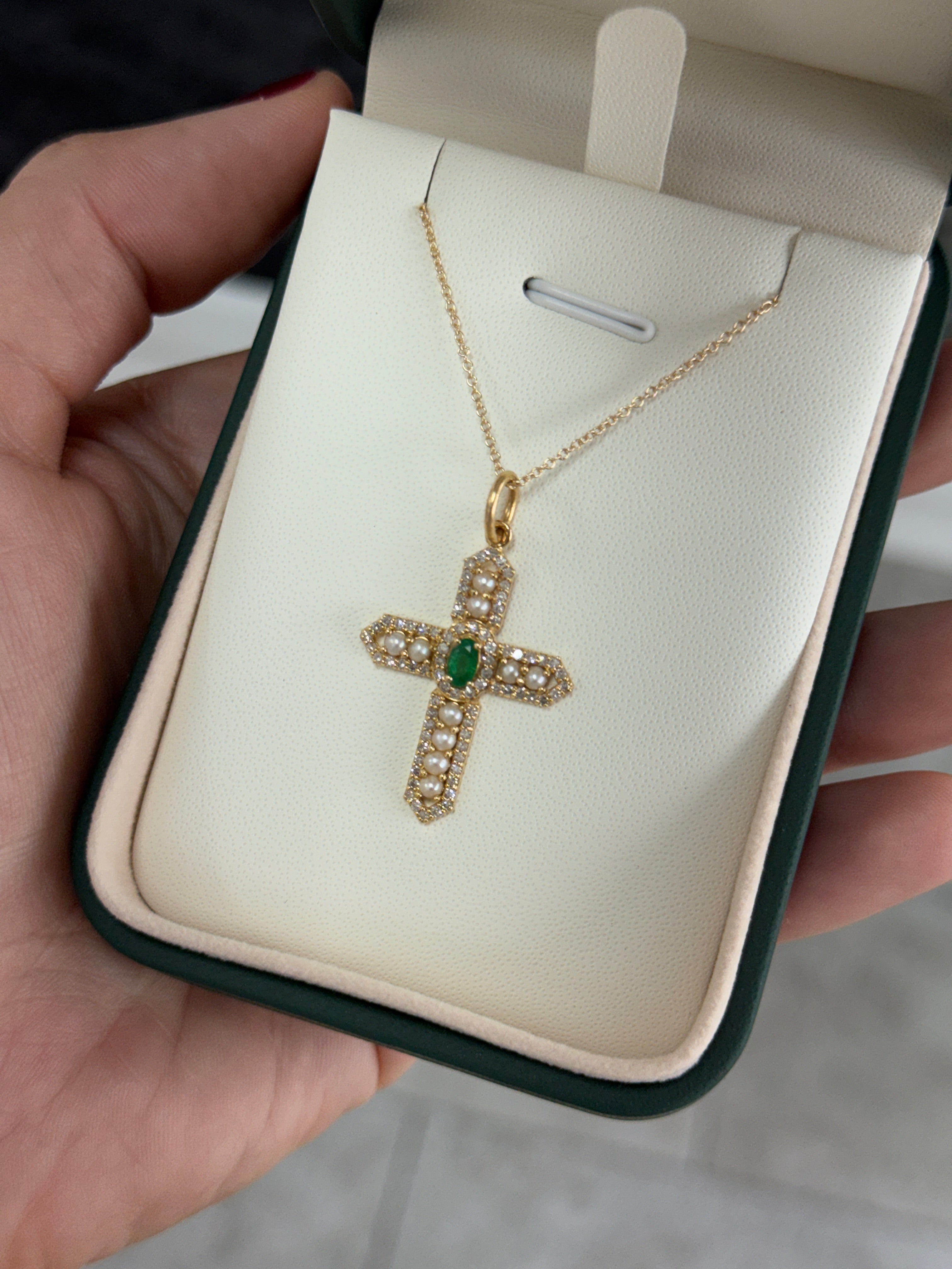 14K gold cross pendant with 1.54 carats of natural emeralds, diamonds, and pearls from JR Colombian Emeralds.