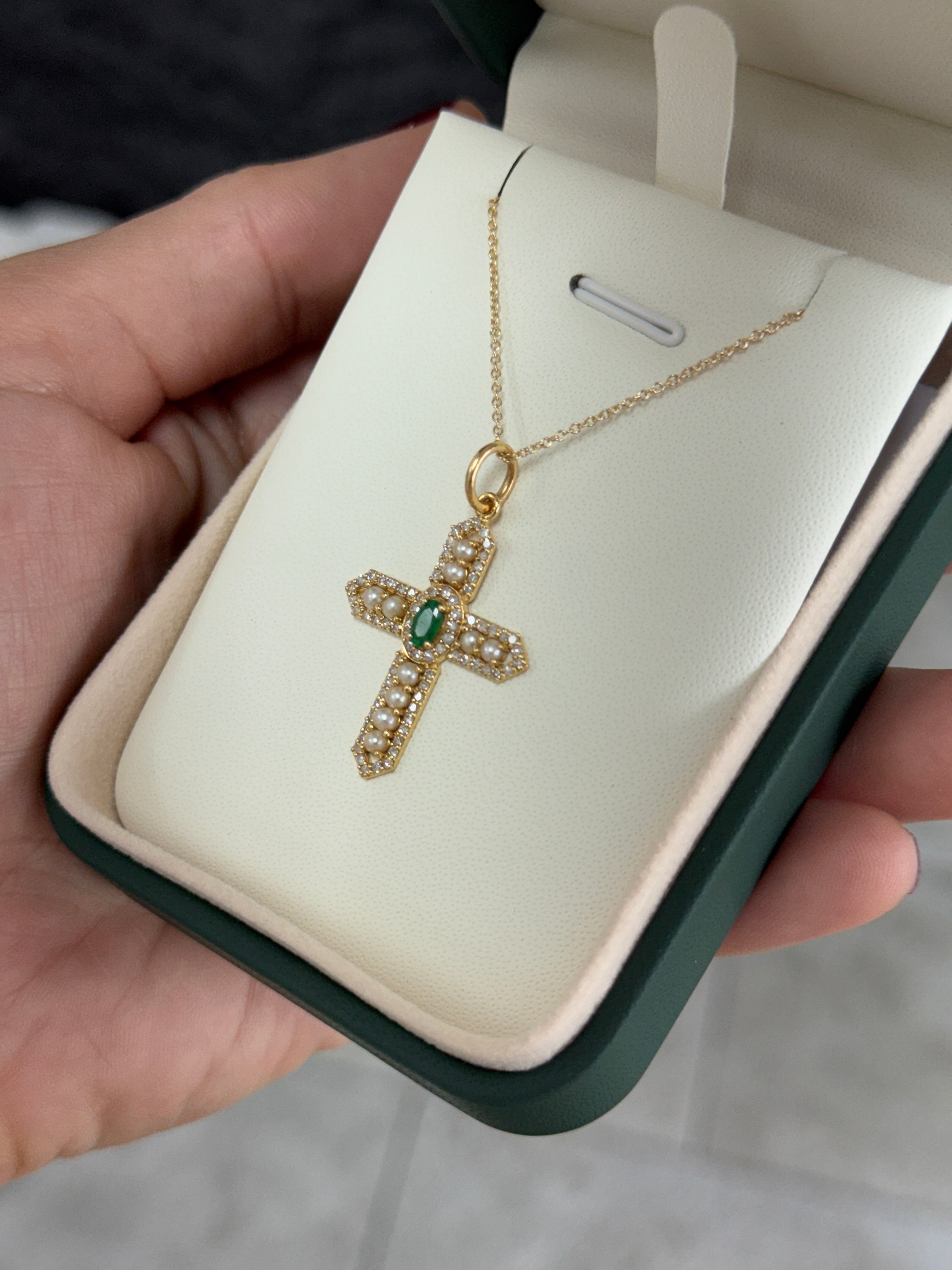14K gold cross pendant with 1.54 carats of emeralds, diamonds, and pearls from JR Colombian Emeralds.
