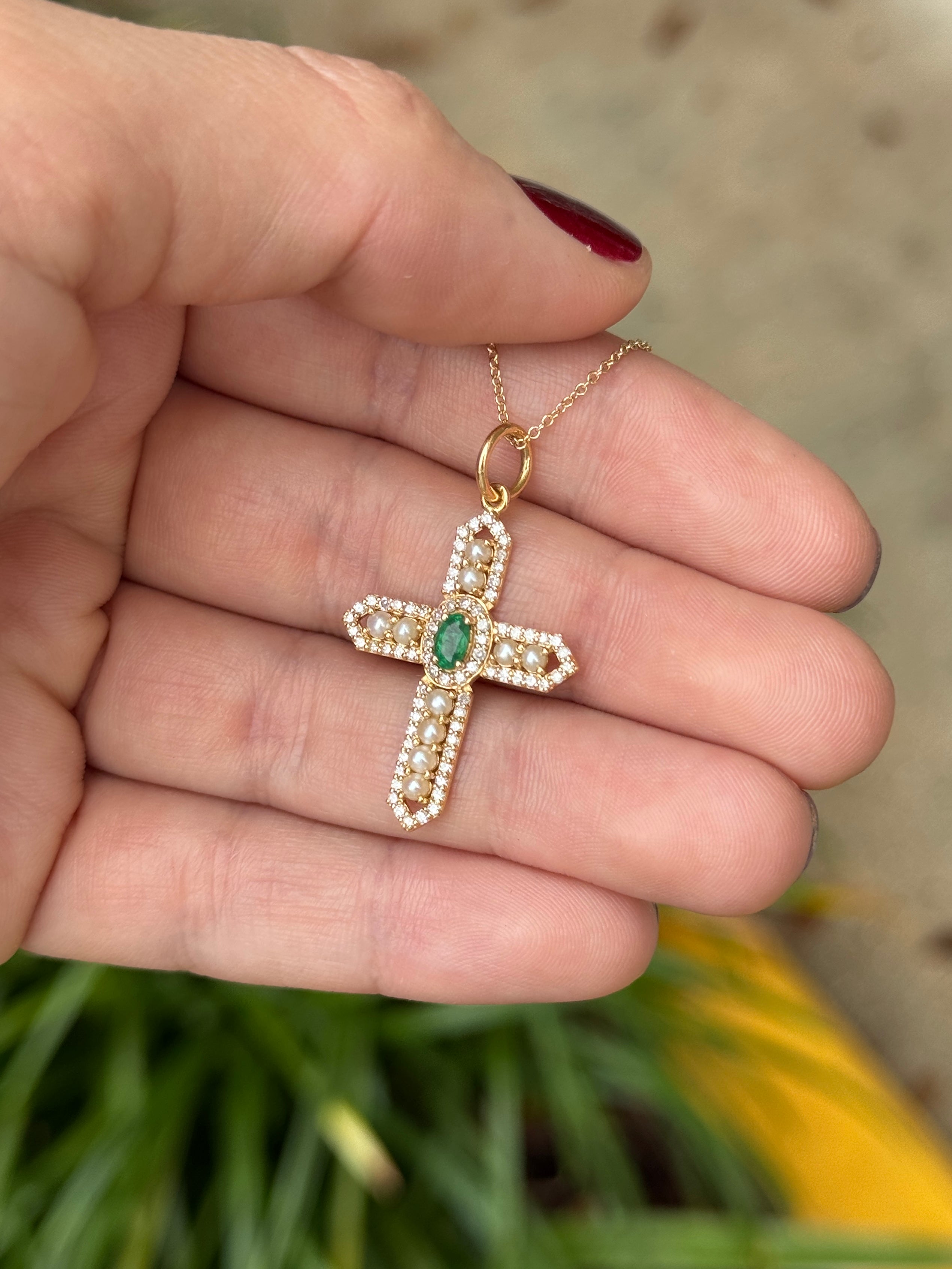 14K gold cross pendant featuring 1.54tcw natural emeralds, diamonds, and pearls by JR Colombian Emeralds.