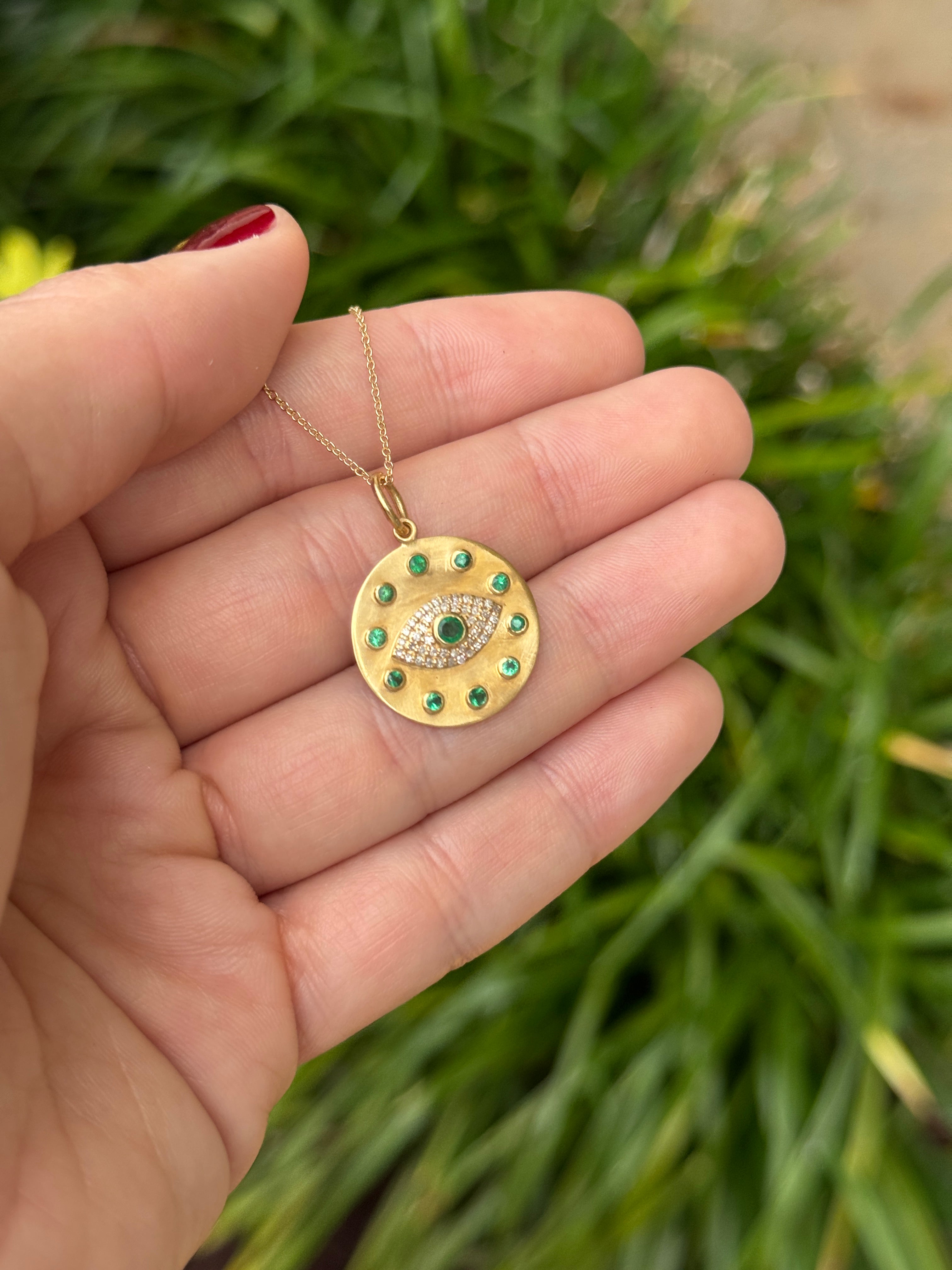 14K gold emerald and diamond evil eye protection charm pendant with natural green emerald and sparkling diamonds by JR Colombian Emeralds